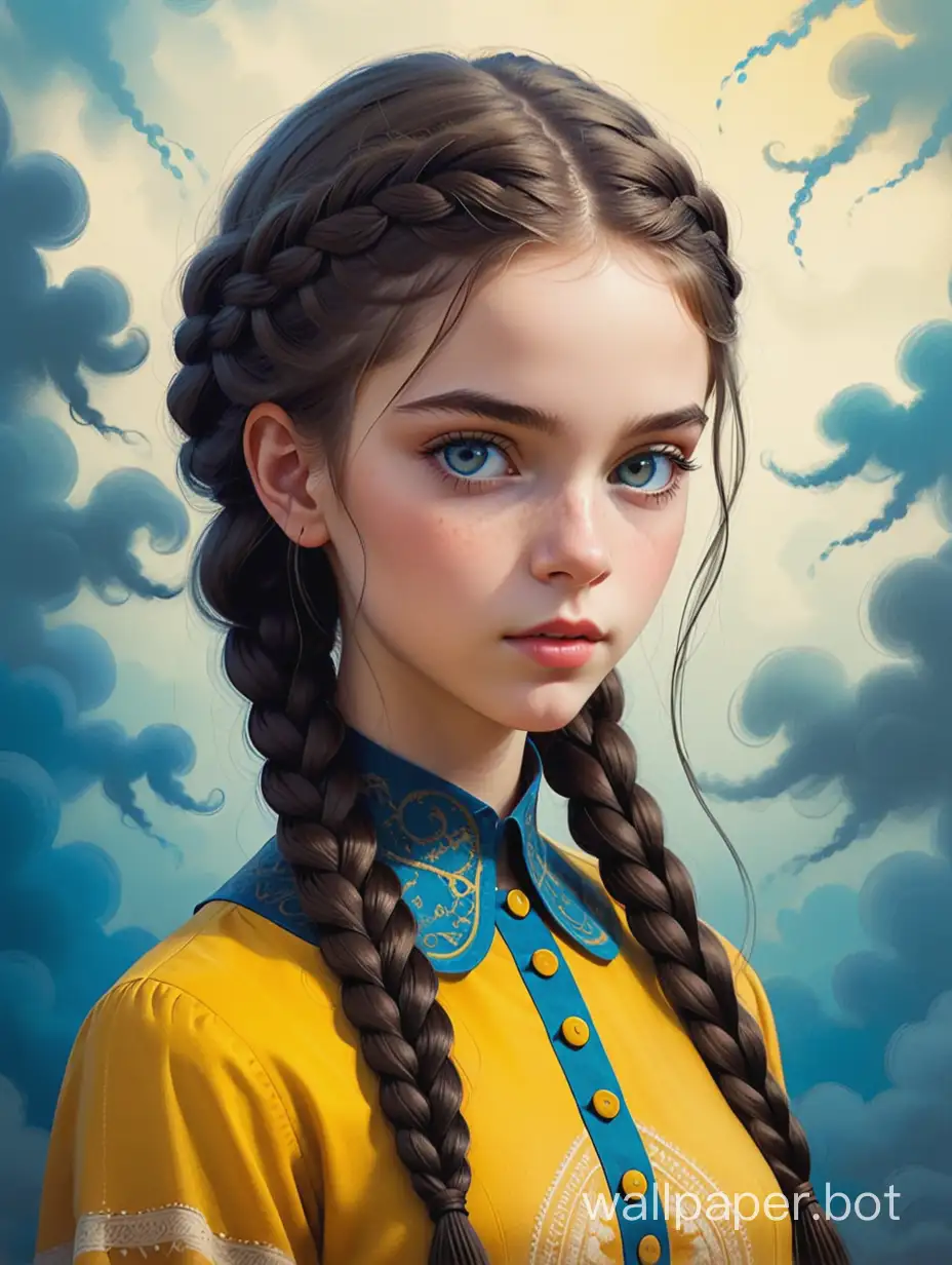 Vintage vibe, Gabriel Pacheco style, yellow background in a misty cloud, dark girl 15 years old, big clear blue eyes, braided hair, intricate details, high octane, vibrant 3D illustration, clarity, bold brush strokes