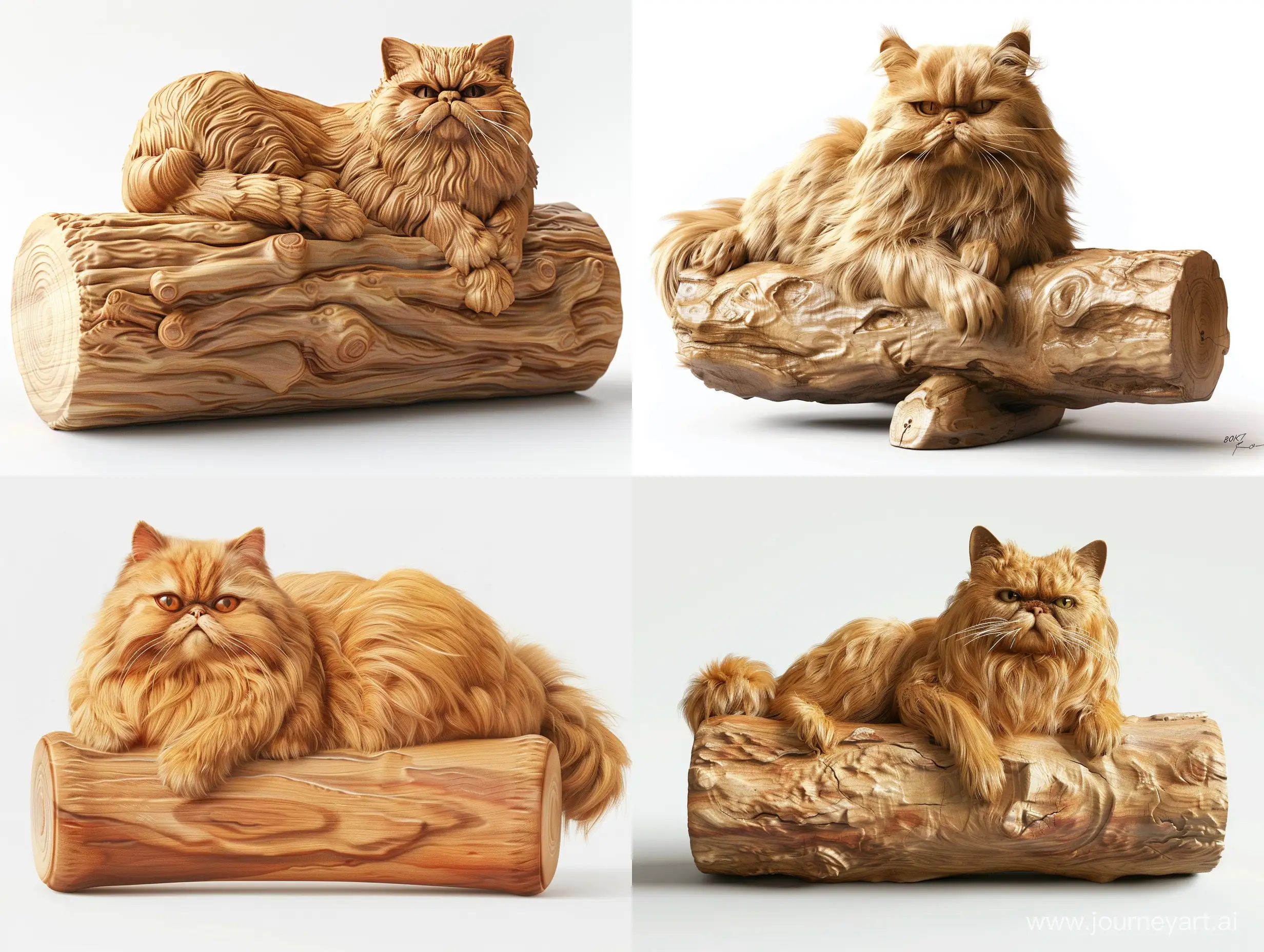 Professional sketch for wooden sculpture, a full-length a Persian cat resting on a cylinder full-face and in profile, professional dynamic character, wood carving, white background, 8k Render, ultra realistic