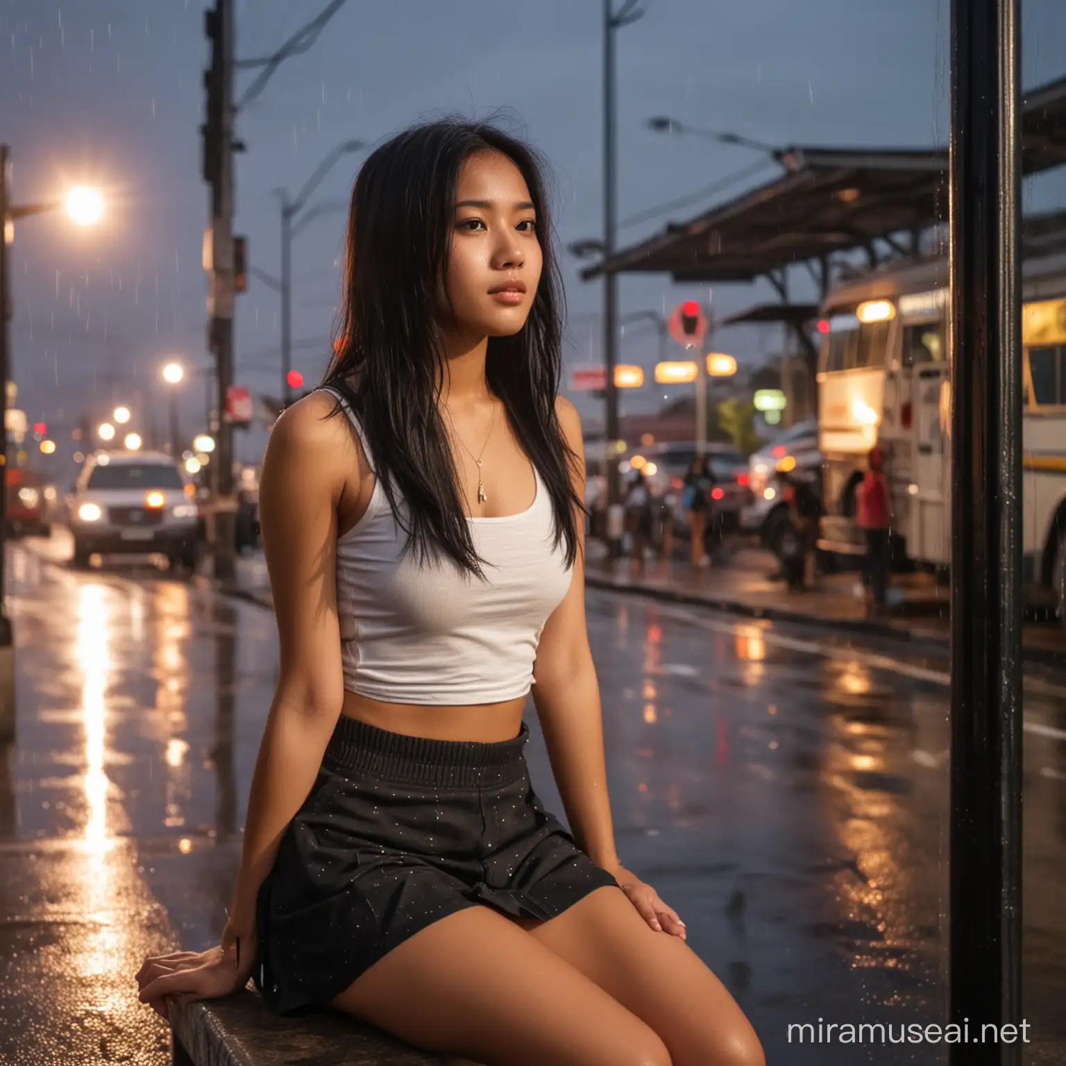 Foto gadis indonesia 20 tahun,rambut hitam panjang,pakai tank top,pakai rok mini sedang duduk di halte bus,suasana hari bujan gerimis,senja dan lampu lampu jalansudah bernyala
