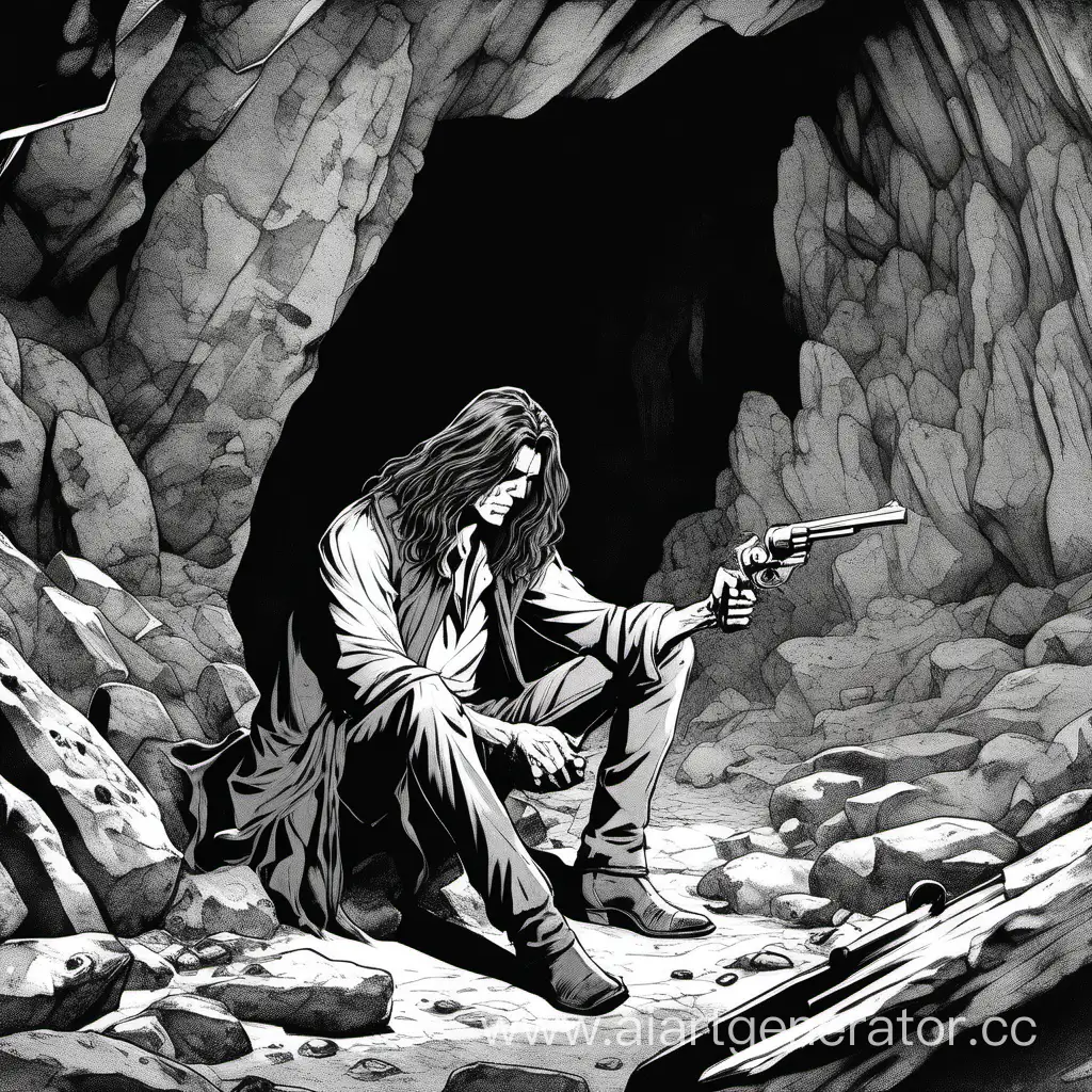 Mysterious-Cave-Encounter-LongHaired-Man-with-Revolver-Beside-a-Struggling-Woman