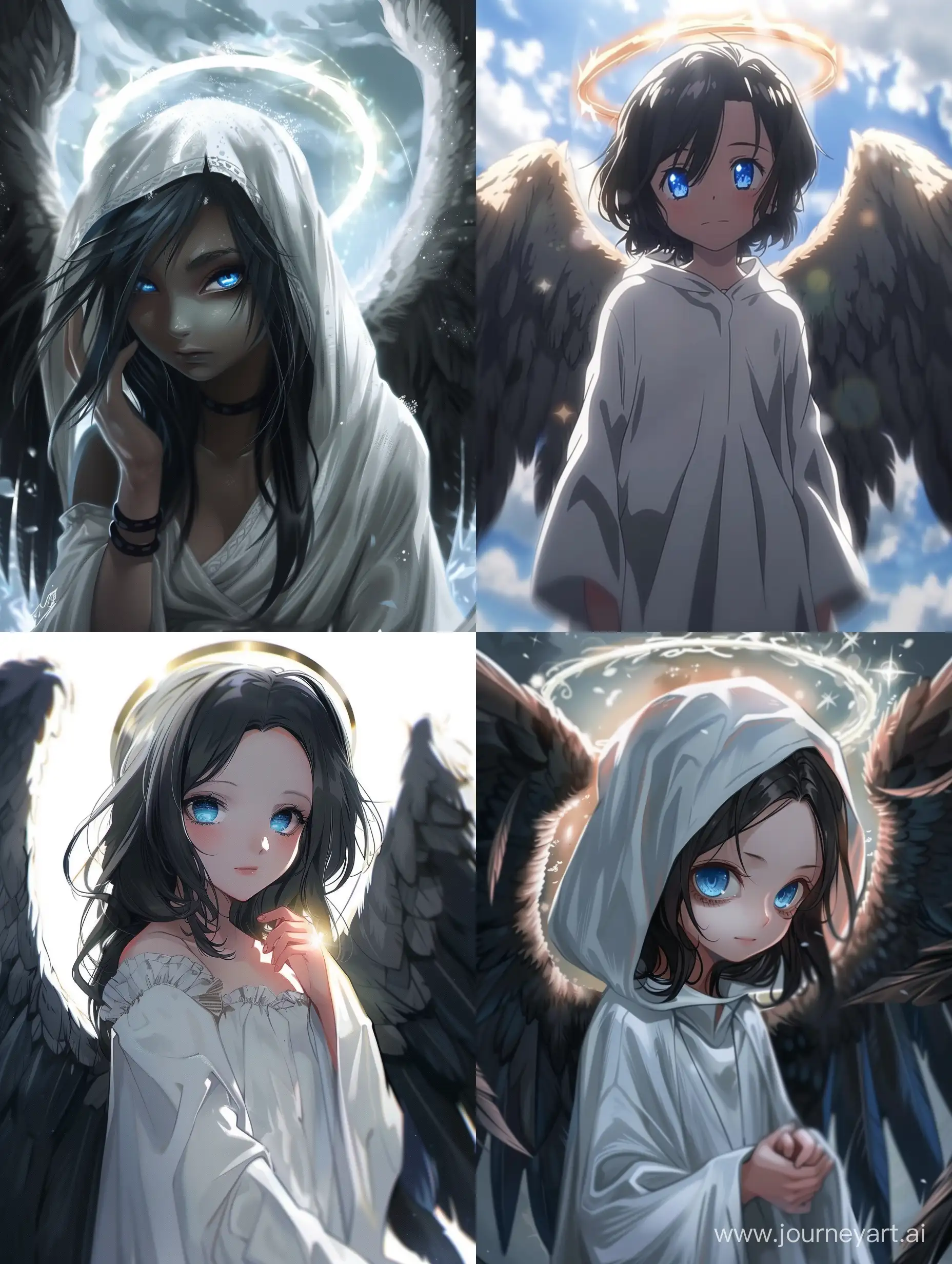 Anime rebel angel girl in white robe and shining halo, but with black wings and bright blue eyes
