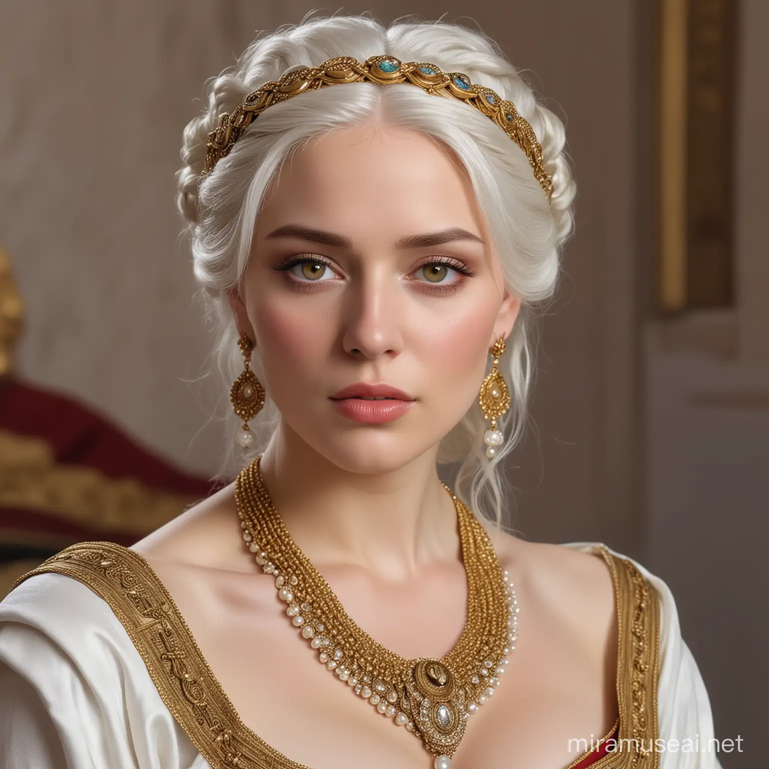 Empress from ancient Rome, with pure white hair, with braided hair, with very pale skin, with a lot of golden jewelry, with a button nose, with full lips, with dark brown eyes, makeup free, with a feminine gown, with big breasts