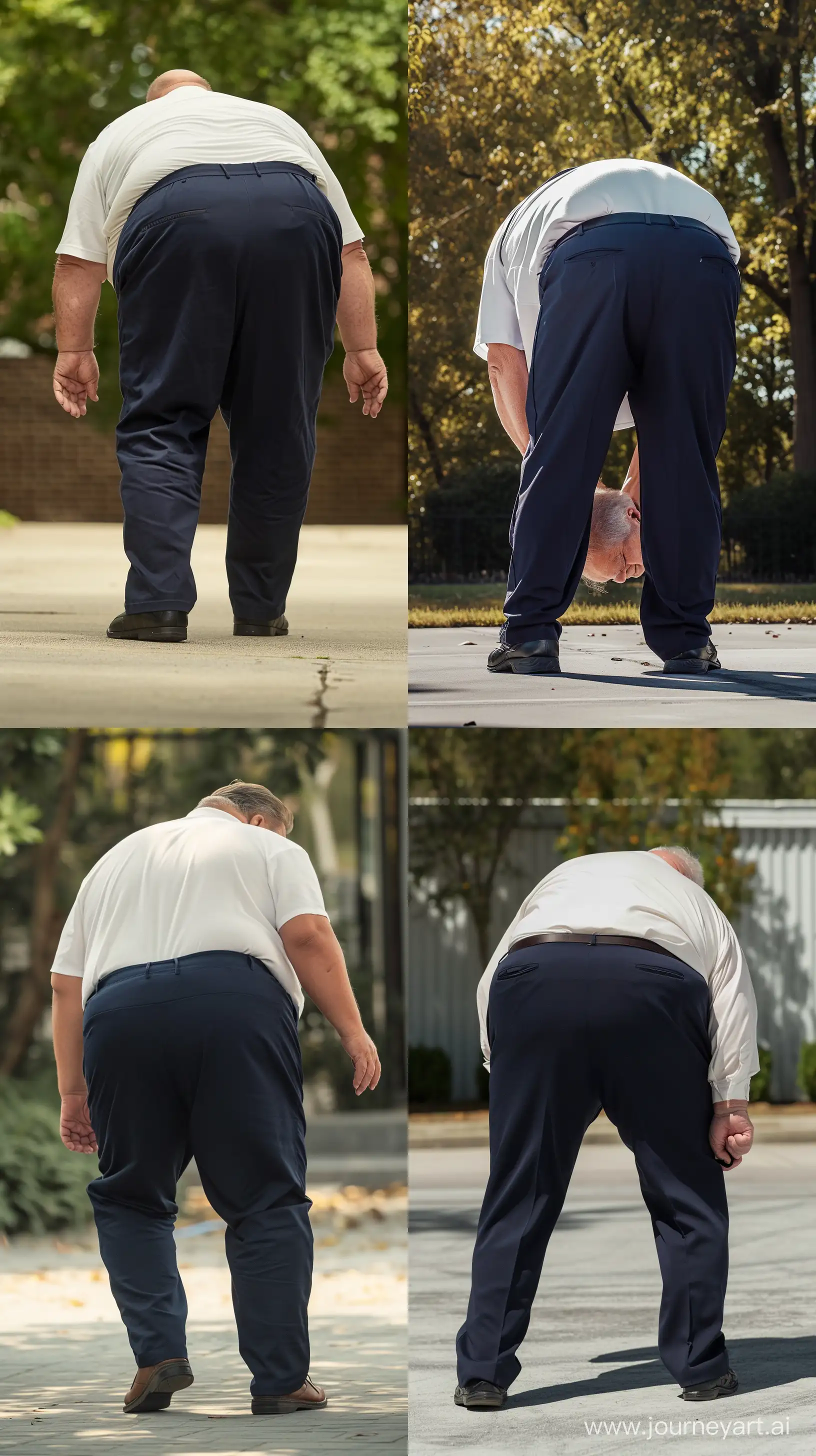 Back view photo of an obese man aged 70 wearing navy pants and a white shirt. He is bending over. Outside. --style raw --ar 9:16 --v 6
