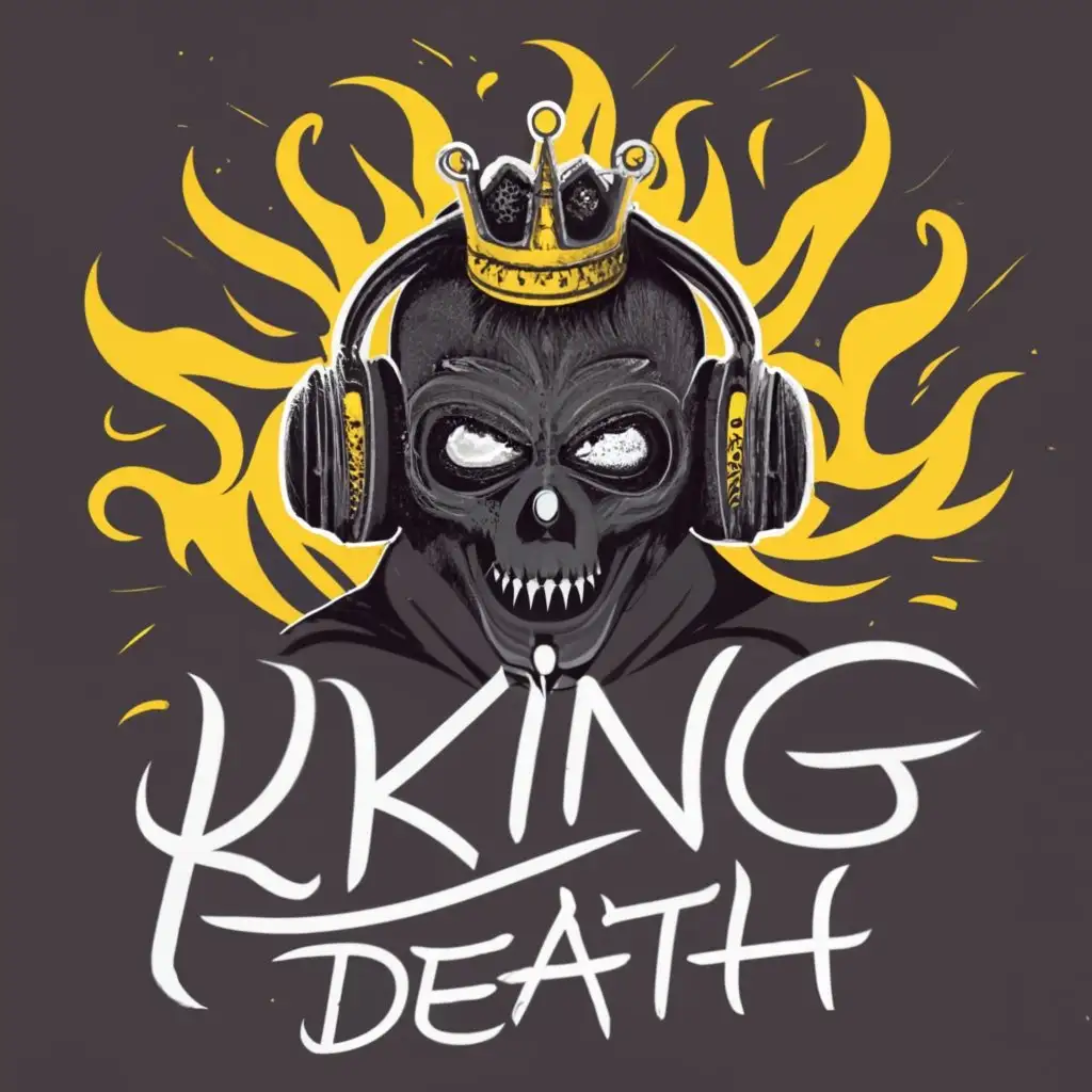 logo, a man wearing a black mask with a crown and headphones and a black hoodie with black ripped jeans with fire and lightning around him, with the text "~King Death~", typography, be used in Internet industry