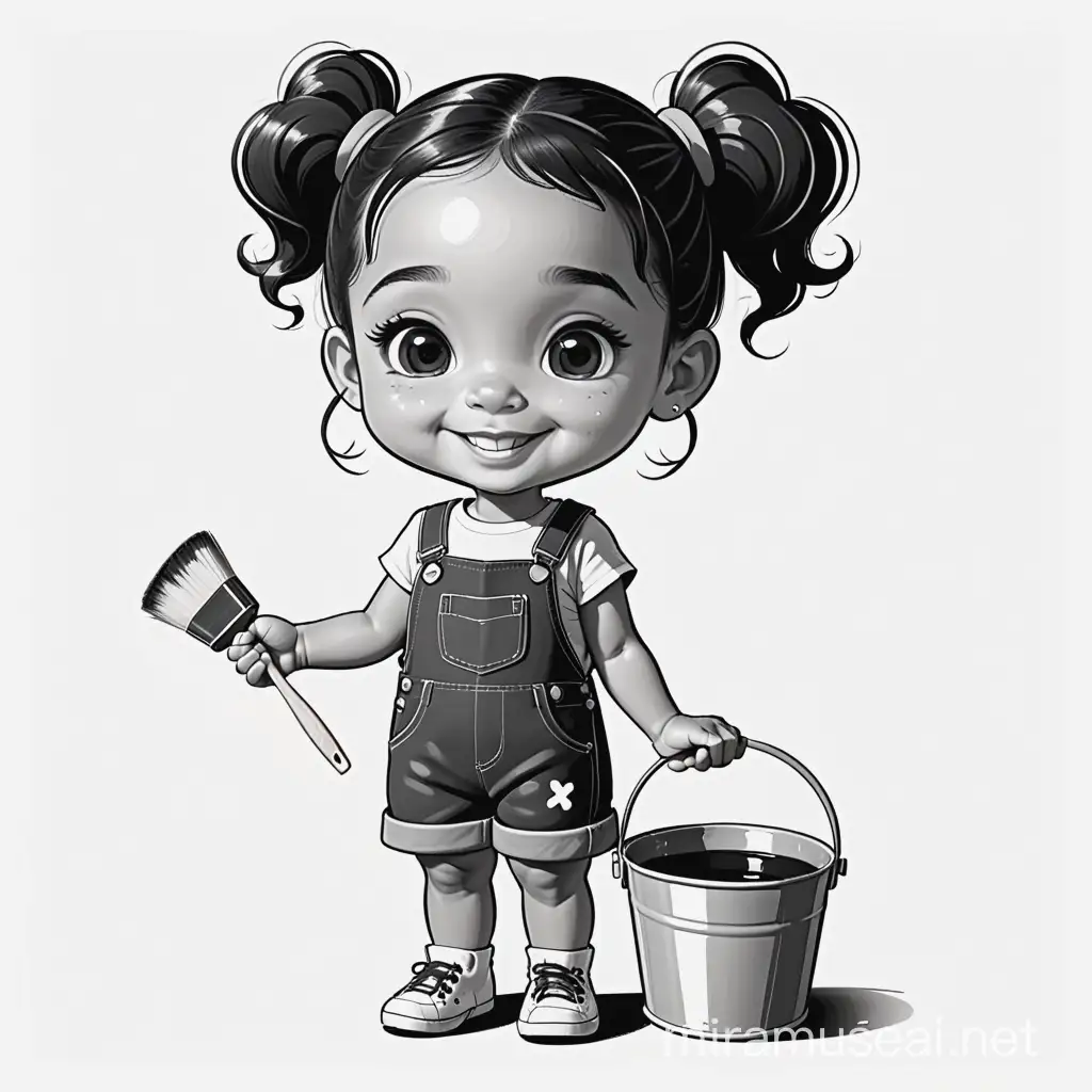 black and white, vector (cartoon-like) drawing of a cute girl of mixed race, age 3-4, with just lines and no color. her hair tied in a pigtail and dressed in dungarees and t-shirt. make sure she has a huge mischievous grin on her face holding a bucket of paint in one hand and a paint brush in the other


