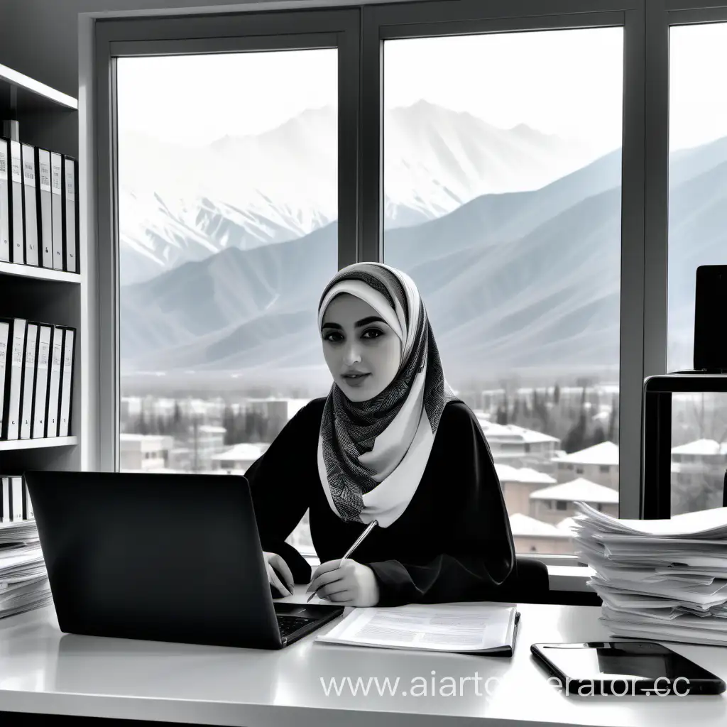 Девушка покрытая в черно белом хиджабе сидит за ноутбуком,  на столе бумаги, канцелярия и 2 телефона, кабинет в серых тонах стелажи книг и папок. За окном видны красивые кавказские горы. И надпись  Госуслуги от Марьям