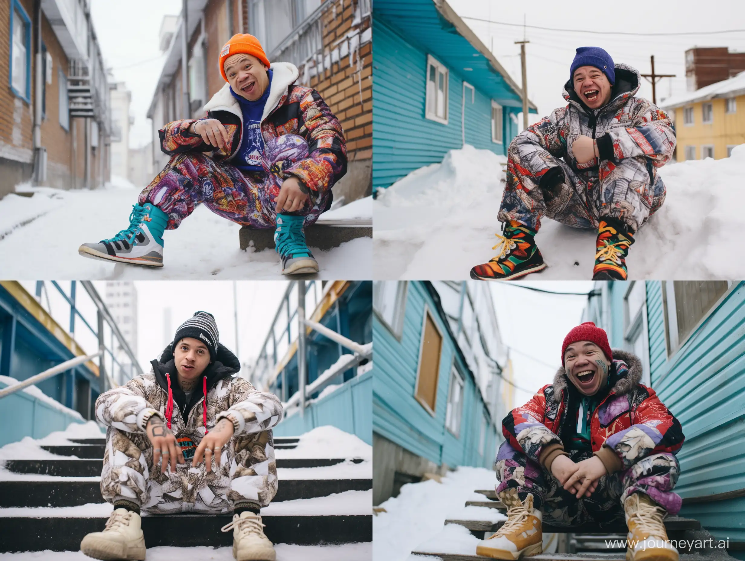 A midget rapper in big sneakers, standing in Russia in snowy weather, laughing at people who fell down the stairs, people are very angry