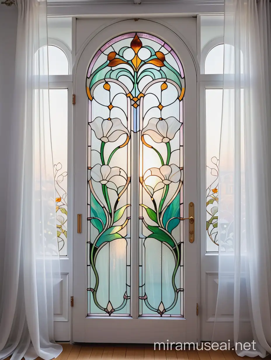 витраж цветочный орнамент, на двери, из белого ипрозрачного стекла тиффани, в стиле ар нуво на фоне штор из белой органзы