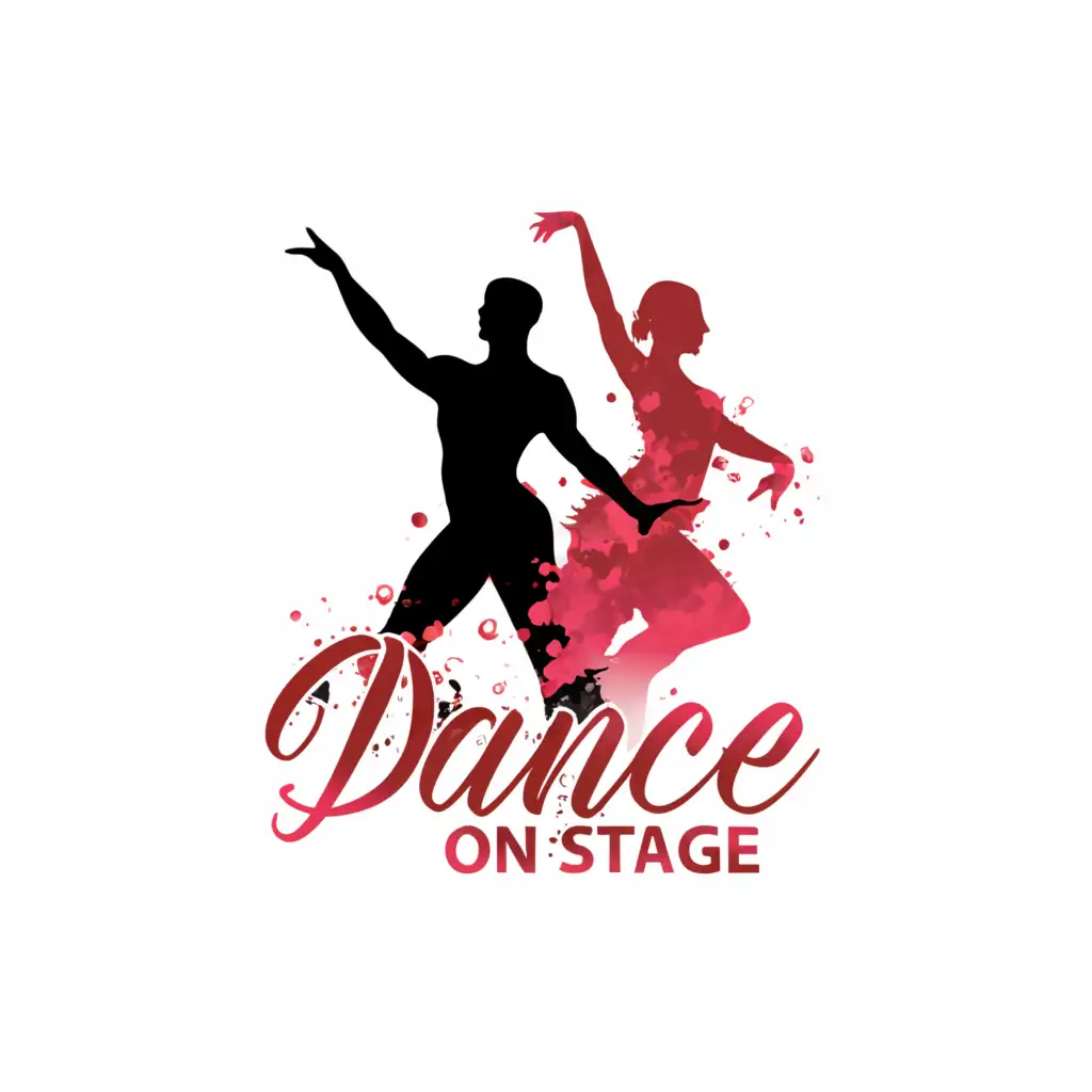 a logo design,with the text "Dance on Stage", main symbol:silhouette of a male and female cabaret dancer in a pose with red and pink watercolor splash in the background and stylized text overlay,Moderate,be used in Entertainment industry,clear background