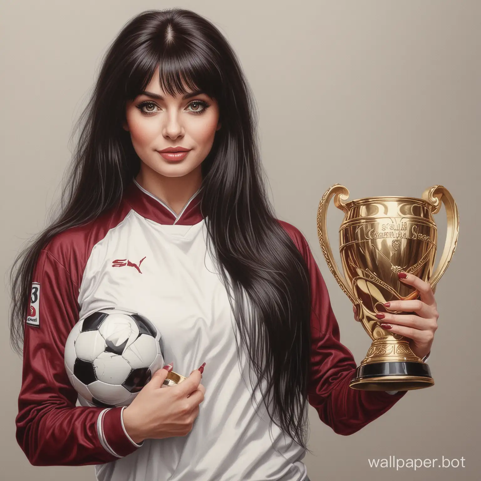sketch girl Elvira Bazhich 25 years dark long hair 6 breast size narrow waist In burgundy with white soccer uniform holding a big cup of champions white background high realism marker drawing