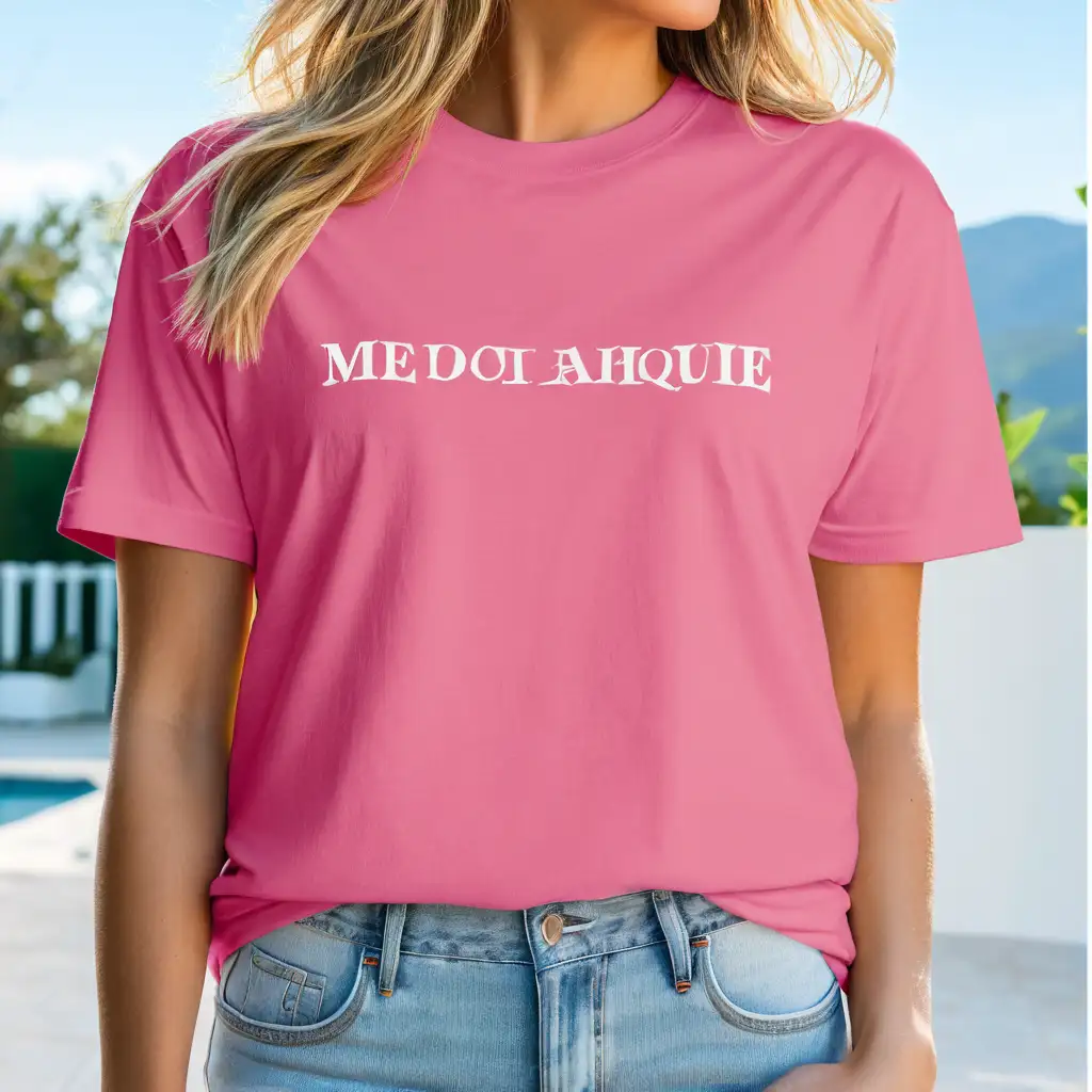 blonde woman wearing bella canvas 3001 oversized charity pink color t-shirt mockup wearing jeans, clear shirt stiches, garden area background, soft light