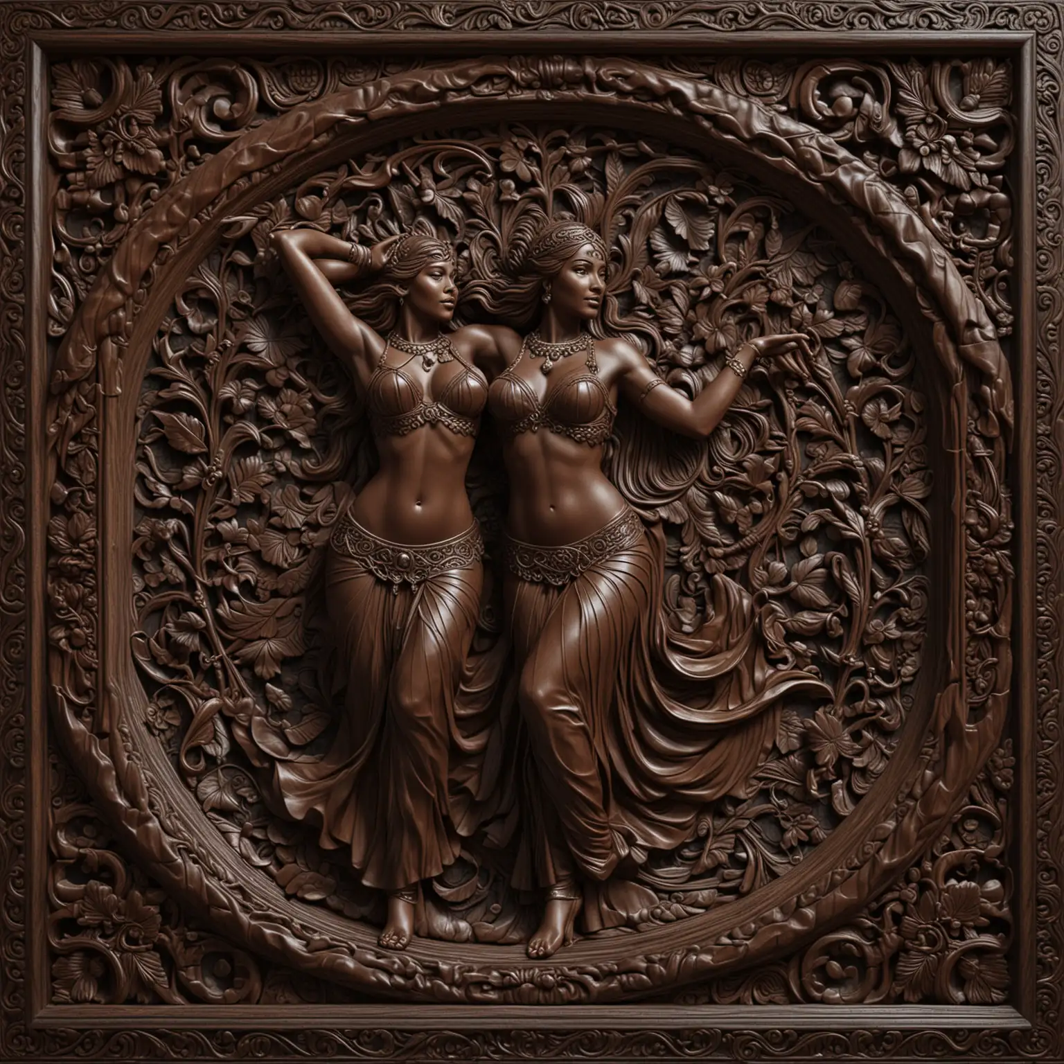 3D SEAMLESS AND TILEABLE CARVED DARK WOOD WITH A FINELY CARVED FRAMED SURROUND FEATURING A CARVED WOOD FEMALE BELLYDANCER



