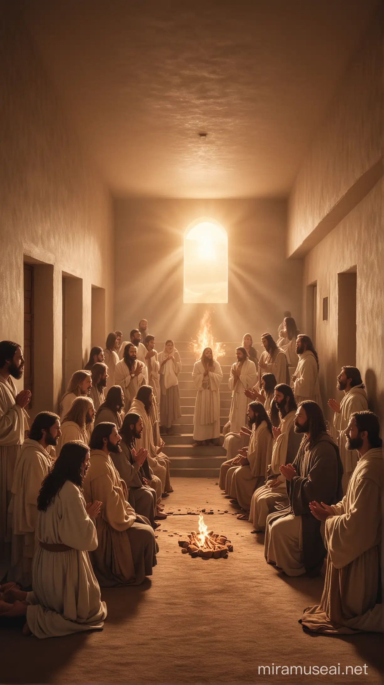 Many Disciples of jesus praying in an upstair room, and a bright fire falling on them with a very bright light 
