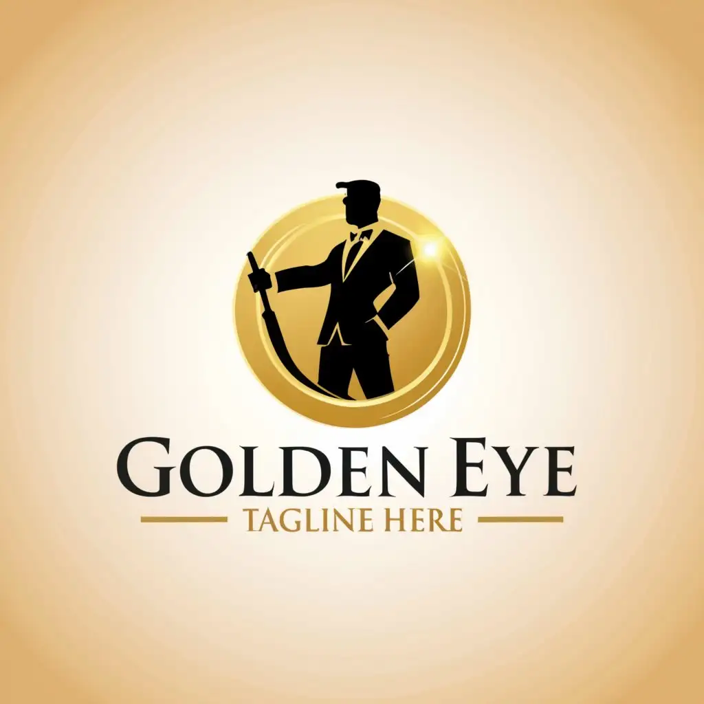 a logo design, with the text 'GOLDENEYE', main symbol: Gold, man in suit, circle, Moderate, clear background