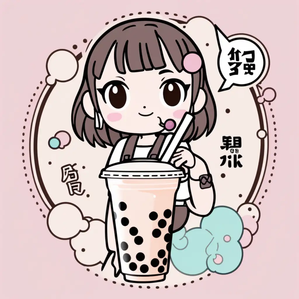 bubble tea logo with the tittle "Rika," on top and light pink cartoonist cute background. 