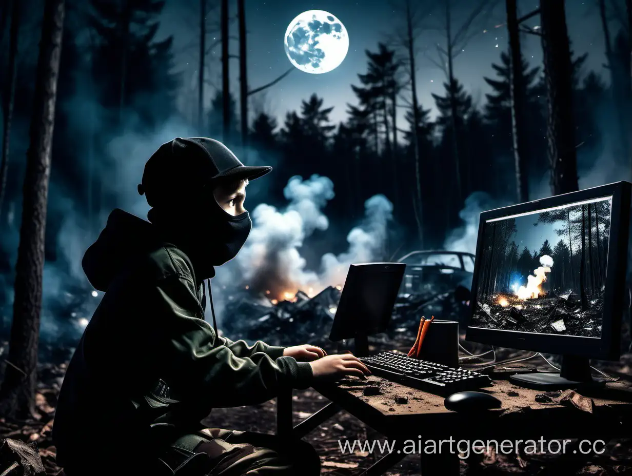 A boy in a balaclava and a black baseball cap plays on a computer with a large monitor in the night forest. Forest at night. The moon is shining. Modern soldiers and tramps remain dead on earth. Explosions in the background. A private plane is crashed in the distance. The garbage is burning. A lot of smoke.