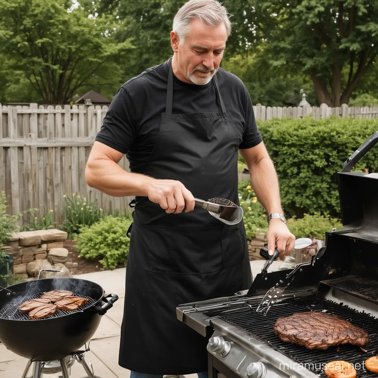 60 years old dad grilling, using a black apron, and a black watch,