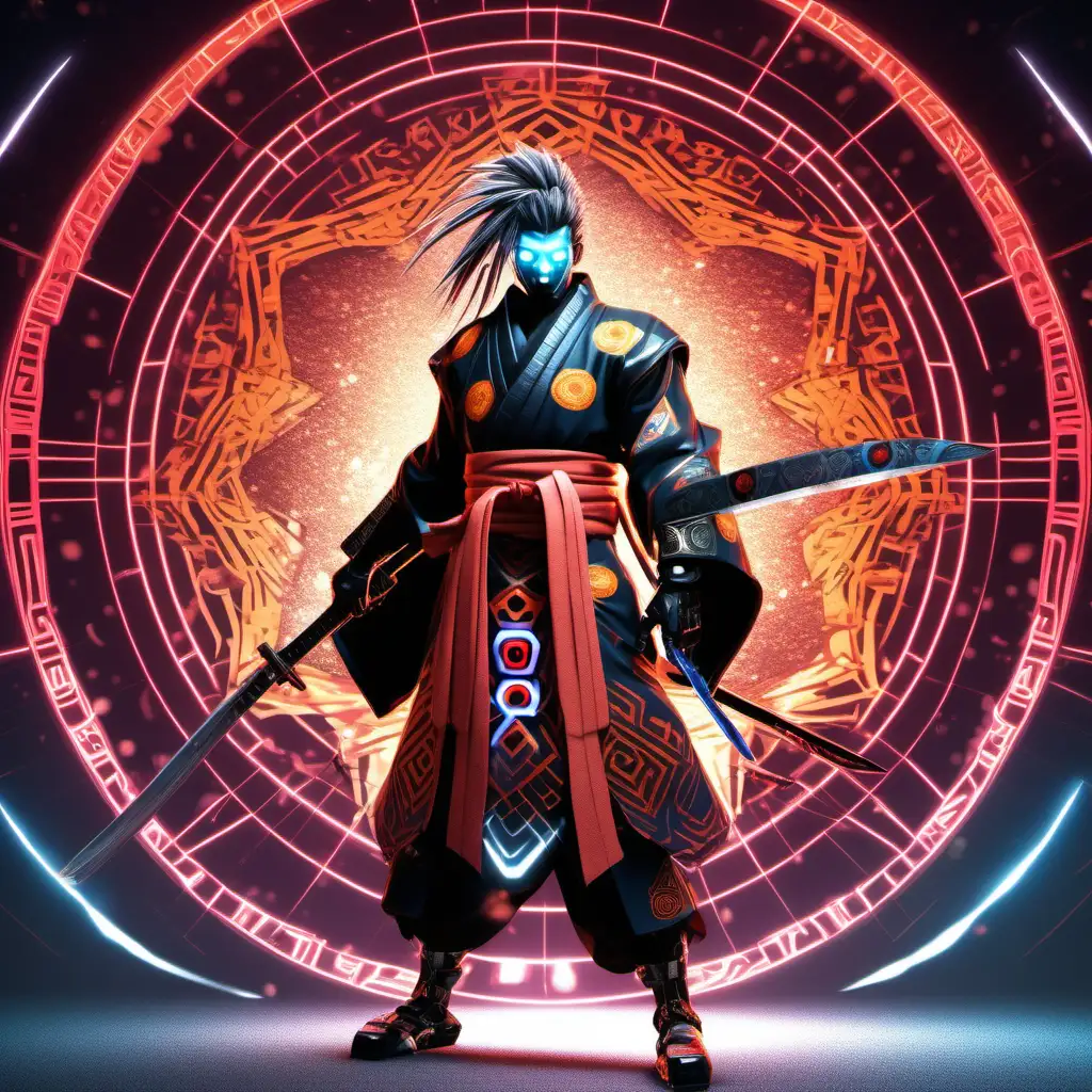high definition simulation of a video game world boss character creation screen with cyberpunk Samurai ninja, With anime style hair and yingyang eyeballs With glowing lightning fists wearing a beautiful frozen kimono with red black and orange sacred geometry and armored shoulder guards