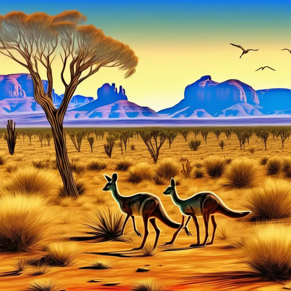 Picture of landscape of The Australian outback beautiful low mountains with desert in the foreground, HDR, hyper realistic, no people, with kangaroos, beautiful natural soft sunlight. Van Gough