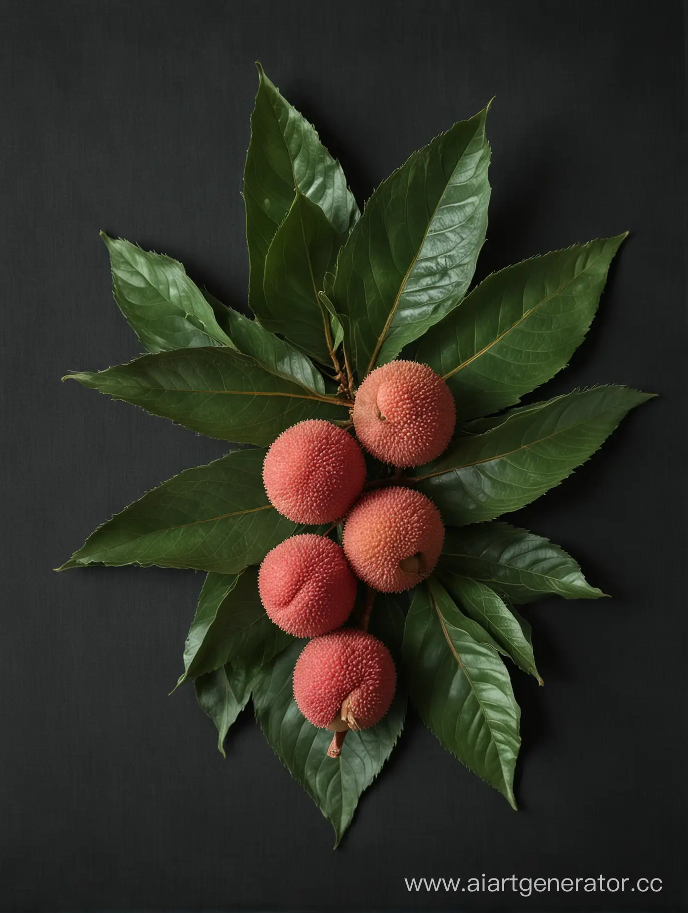 Lychee with green leaves on dark green silk cloth