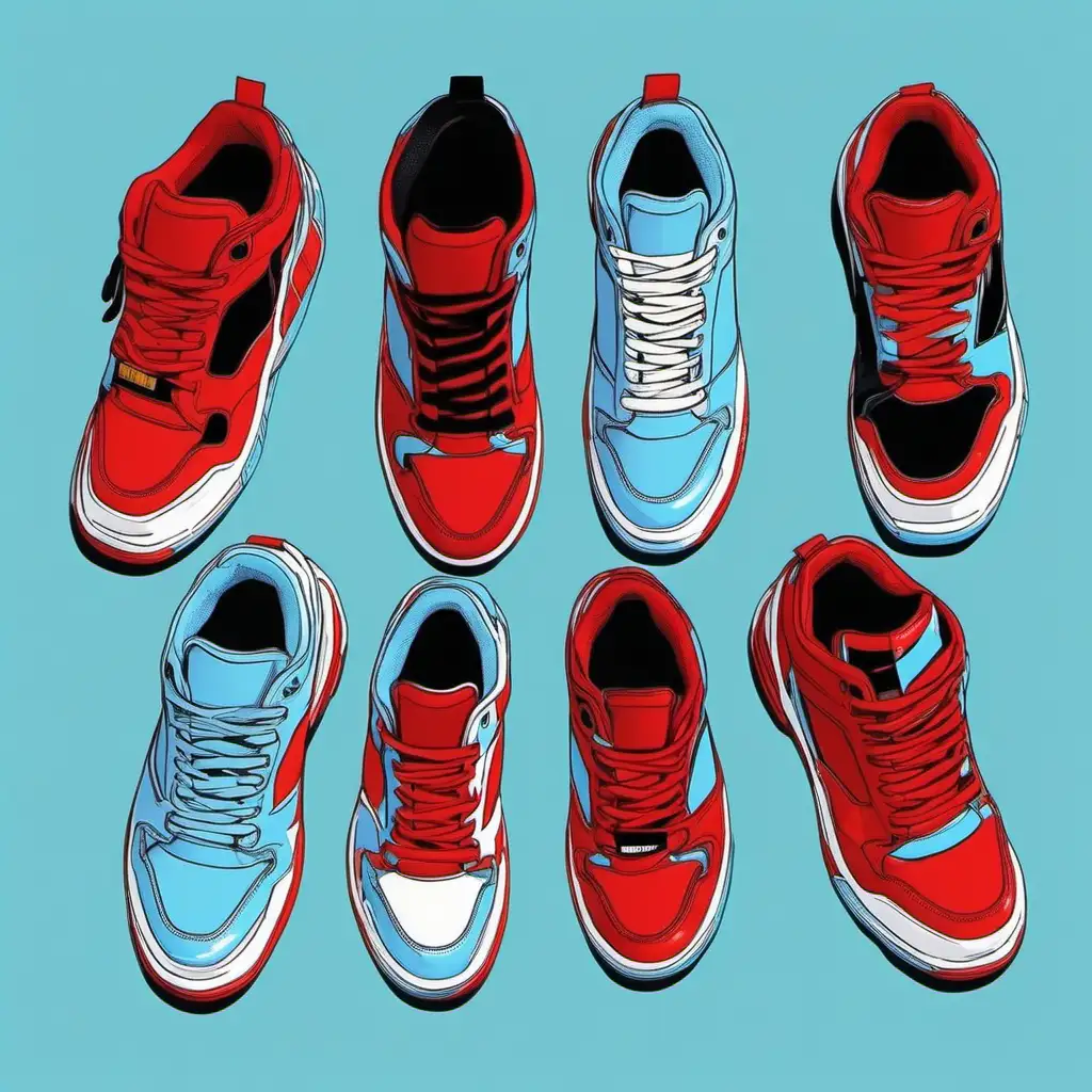 sneakers in the style of sky-blue and red, hip hop aesthetics, bold, graphic shapes, sun-soaked colours, neo-geo, light black and red