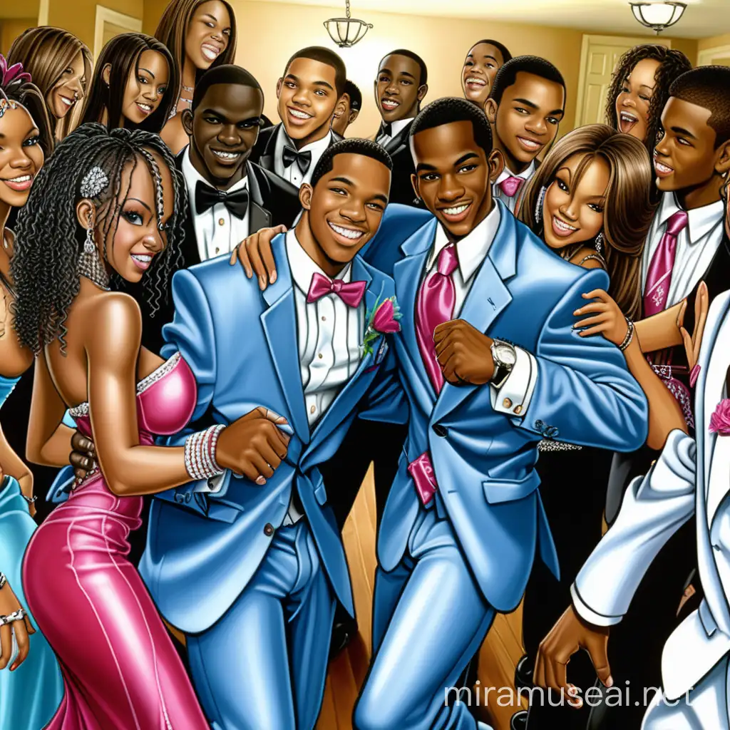 African american high school prom party in 2008 late 2000's hood ghetto fabalous prom dancing and flashy pimped out suits and sexy stunning girls smiling snarling cartoon model