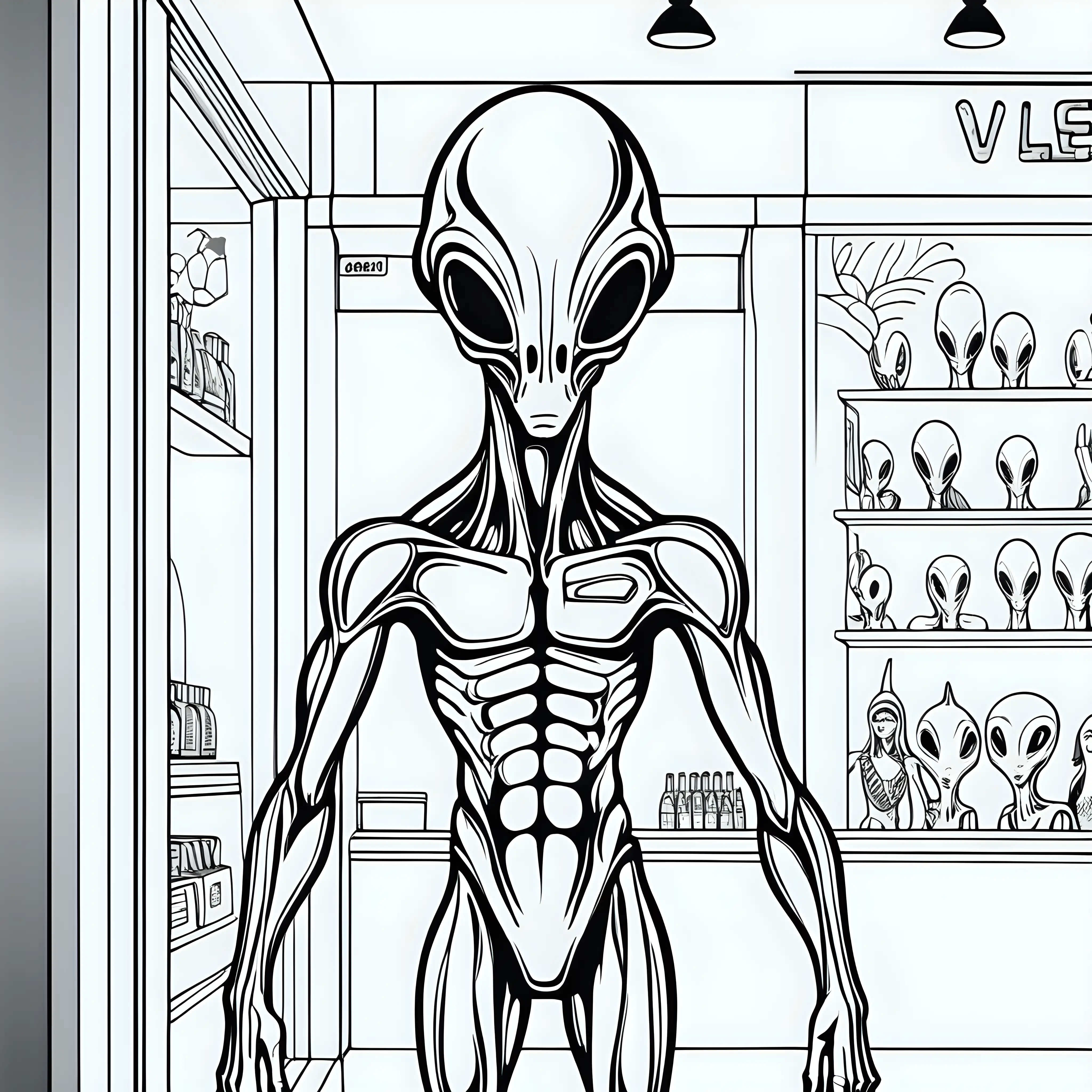 Bold Vector Art of Alien Disguised as Mannequin in Shop Front
