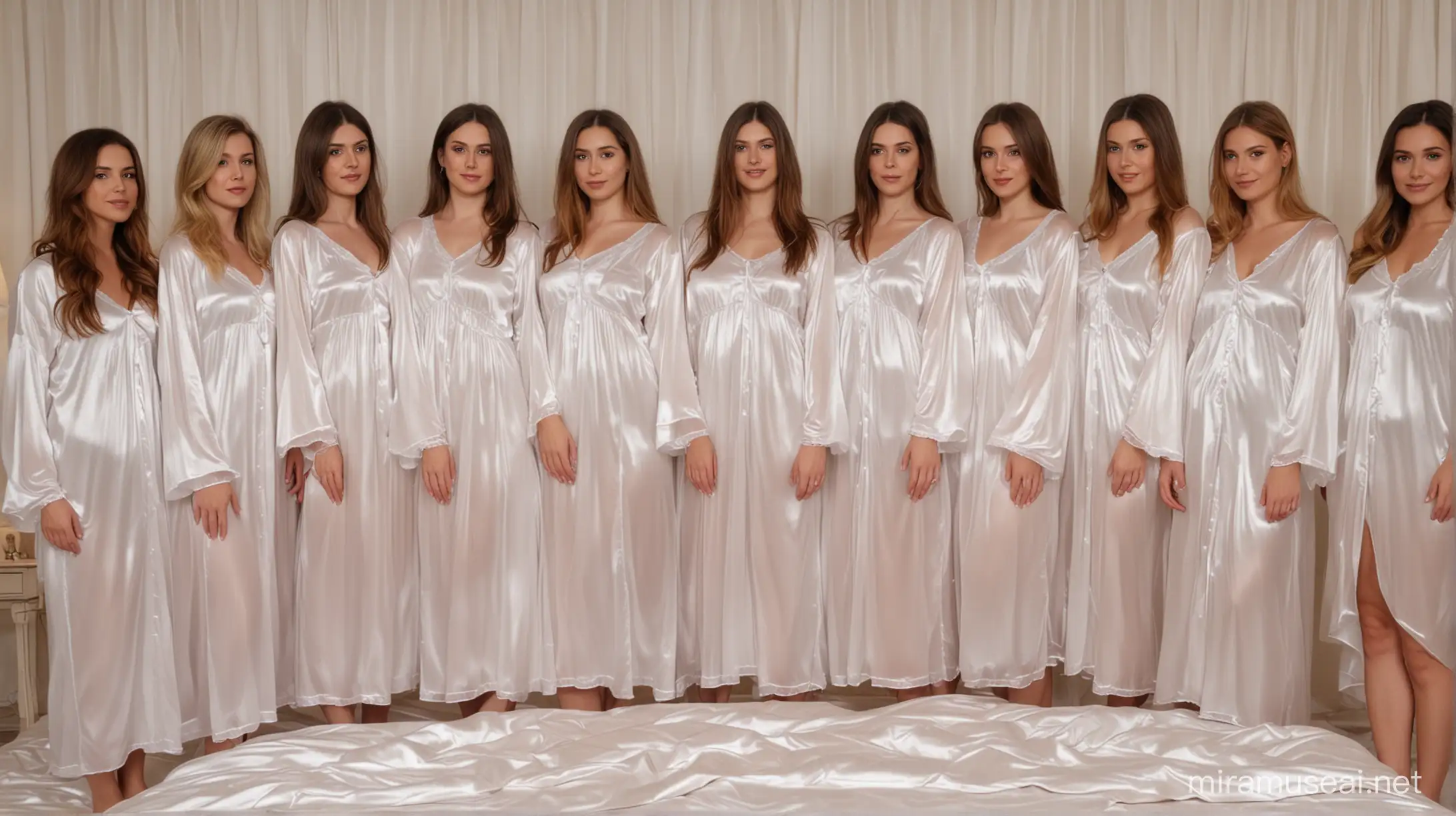 10 women in transparent milky satin nightgowns stand in 10 rows on a giant satin bed and look at you