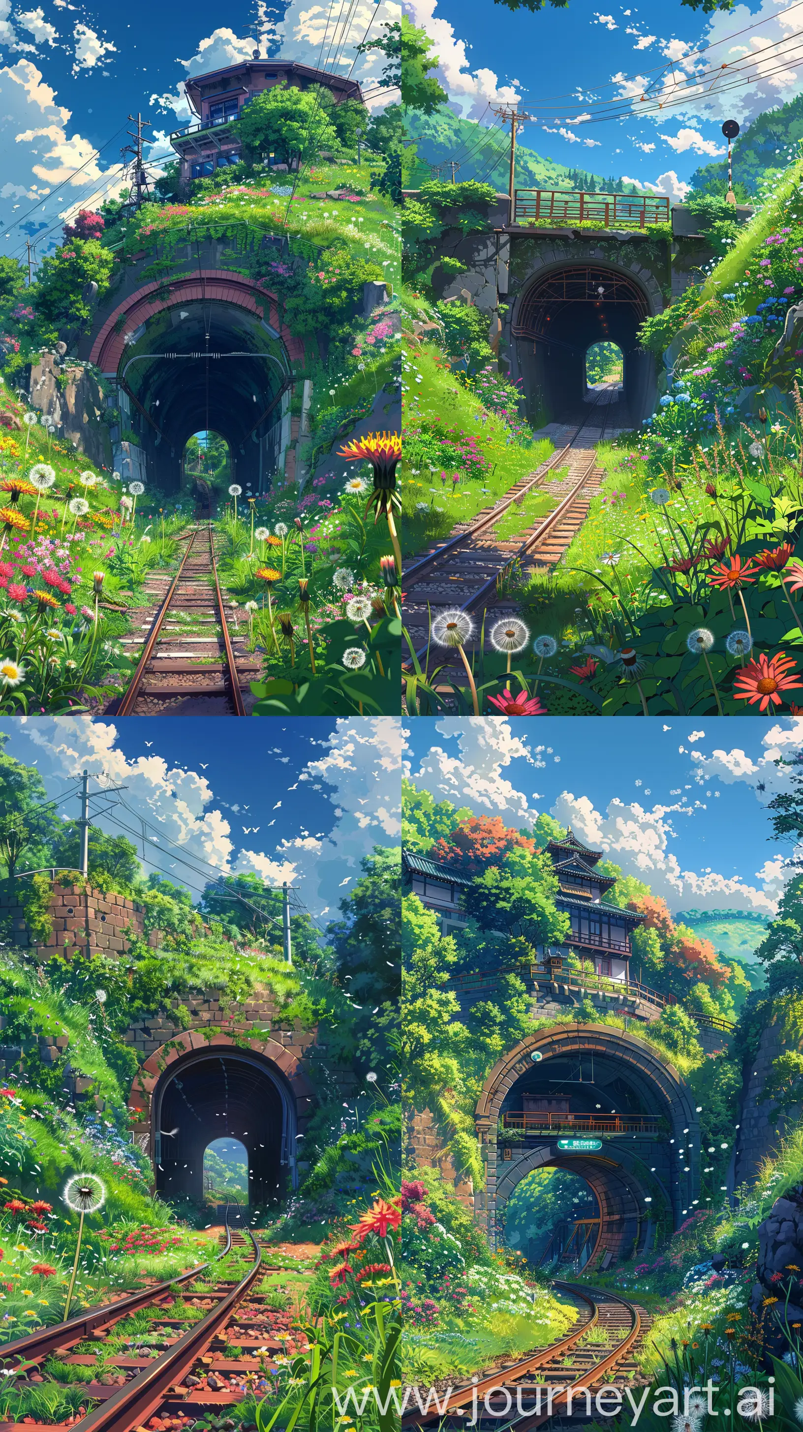 Beautiful anime scenary, illustration, mokoto shinkai and Ghibli style mix, direct front facade view of rail tunnel, beautiful colorful wild flowers, dandelion, grass, small bridge over tunnel, train track, beautiful sky, spring time, anime scenary, ultra hd, High quality, sharp details, no hyperrealistic --ar 9:16 --s 500