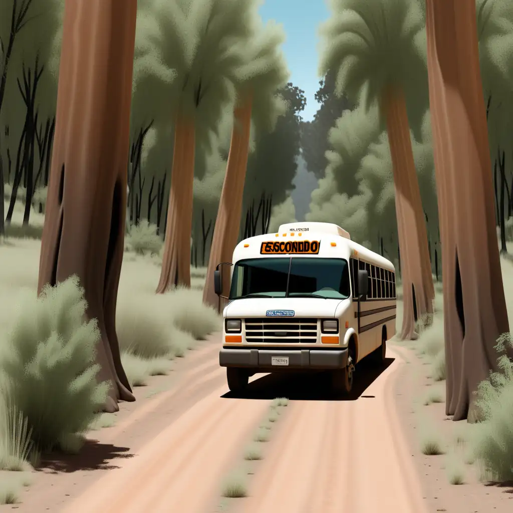 carretera  de tierra en el bosque,rodeada de arboles frondosos,camion de autobus abierto sin ventanas ,letrero en el autobus que dice PUEBLO ESCONDIDO