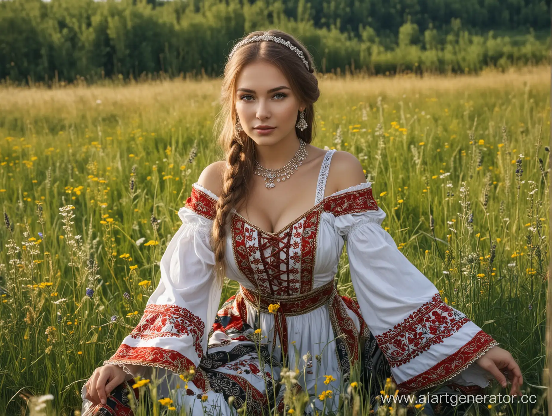 Русская сексуальная девушка, в сексуальном народном костюме, позирует на лугу