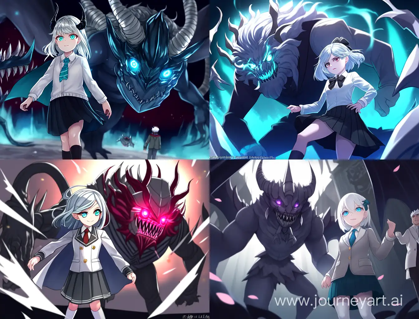 bob-length white hair that has long bangs that cover the right side of her face and cyan eyes, long cyan demon horns, smug expression, full shot, white school uniform with greyish black pleated skirt and white blazer and small white socks and black tie, black shoes, long white cape with a collar, intricate details, artistic lighting, light particles, very high resolution, masterpiece, standing in the middle of grasslands engulfed in blue flames, petite, medium chest, smug expression, sharp eyes, hands folded