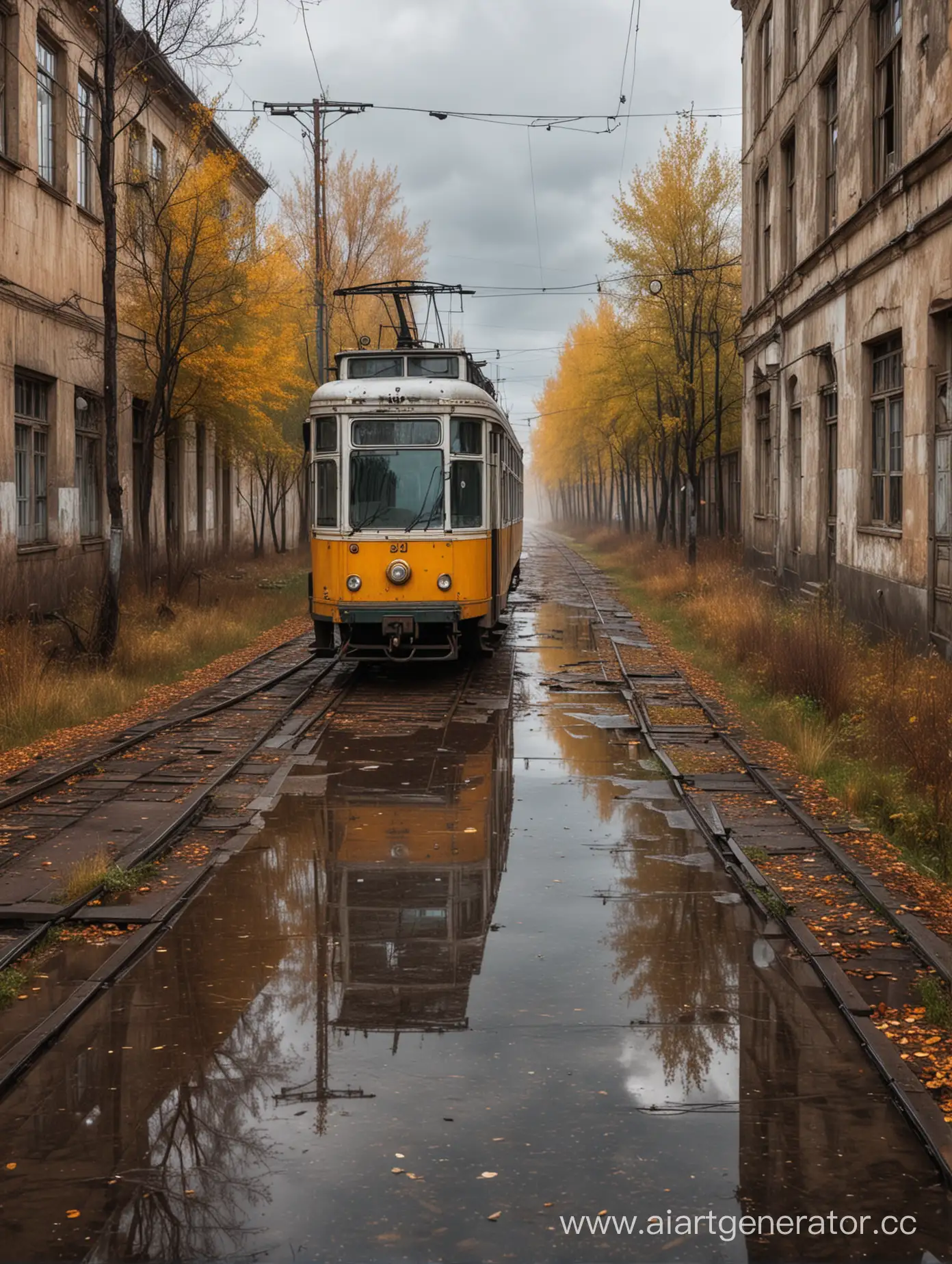 Заброшенный трамвай в городе русском стоит в заброшенном русском двору осень дождь тучи серые 