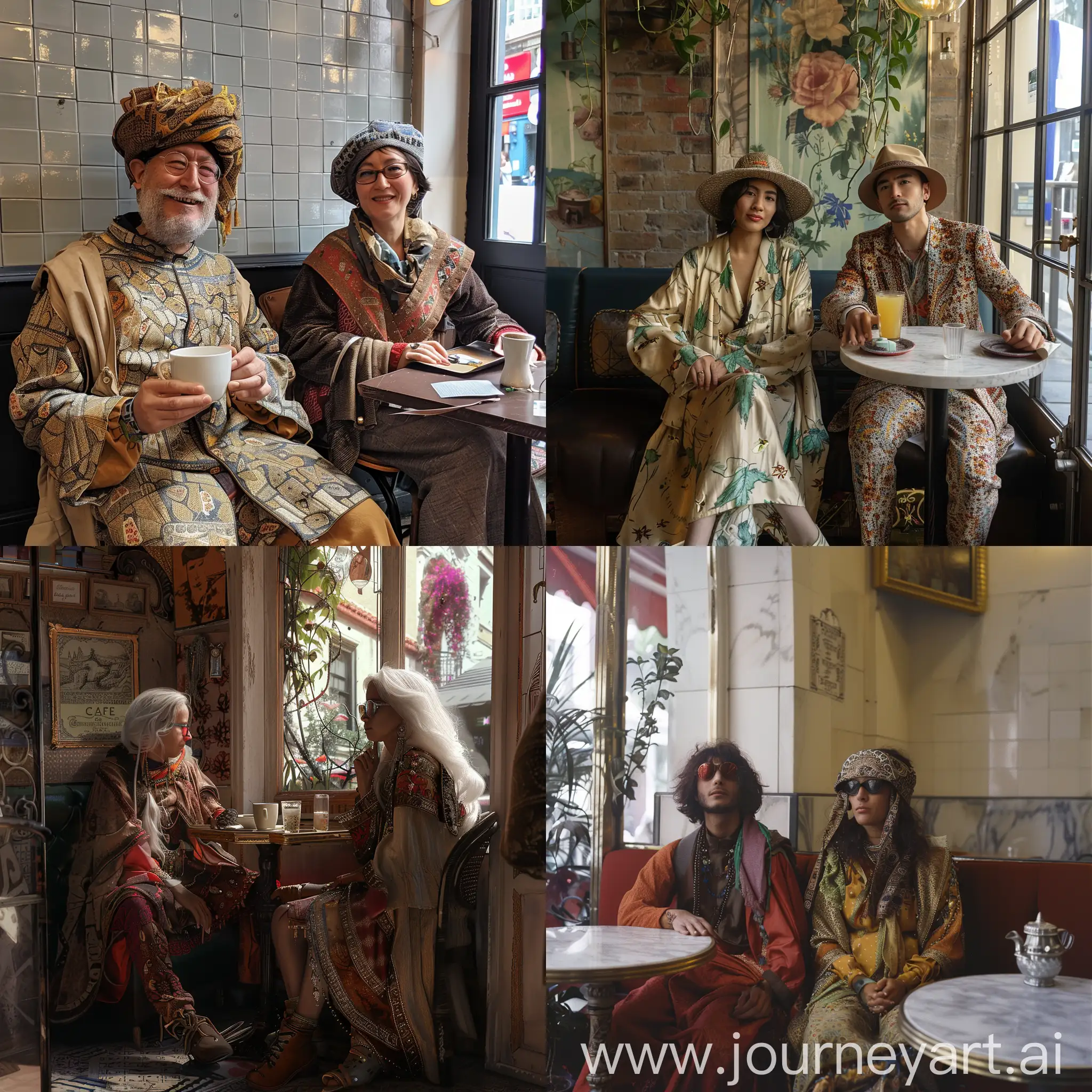 Two people sitting in cafe in 2040, but wearing ancient outfit
