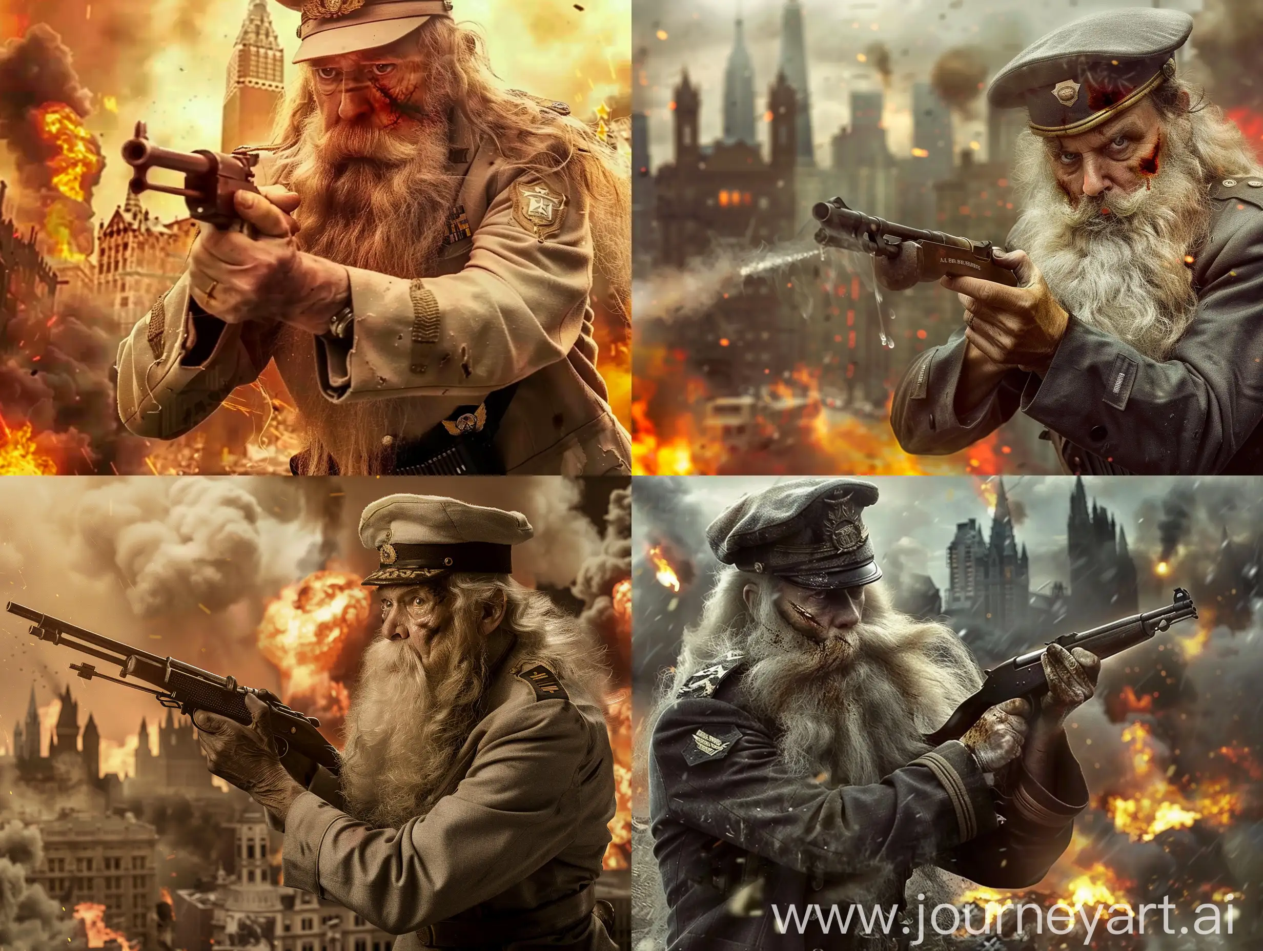 Albus Dumbledore is in ww2 American military officer uniform and taking a Thompson in his hands. he is looking at camera while his long beard is half burned and 20th century city in fire is background,real