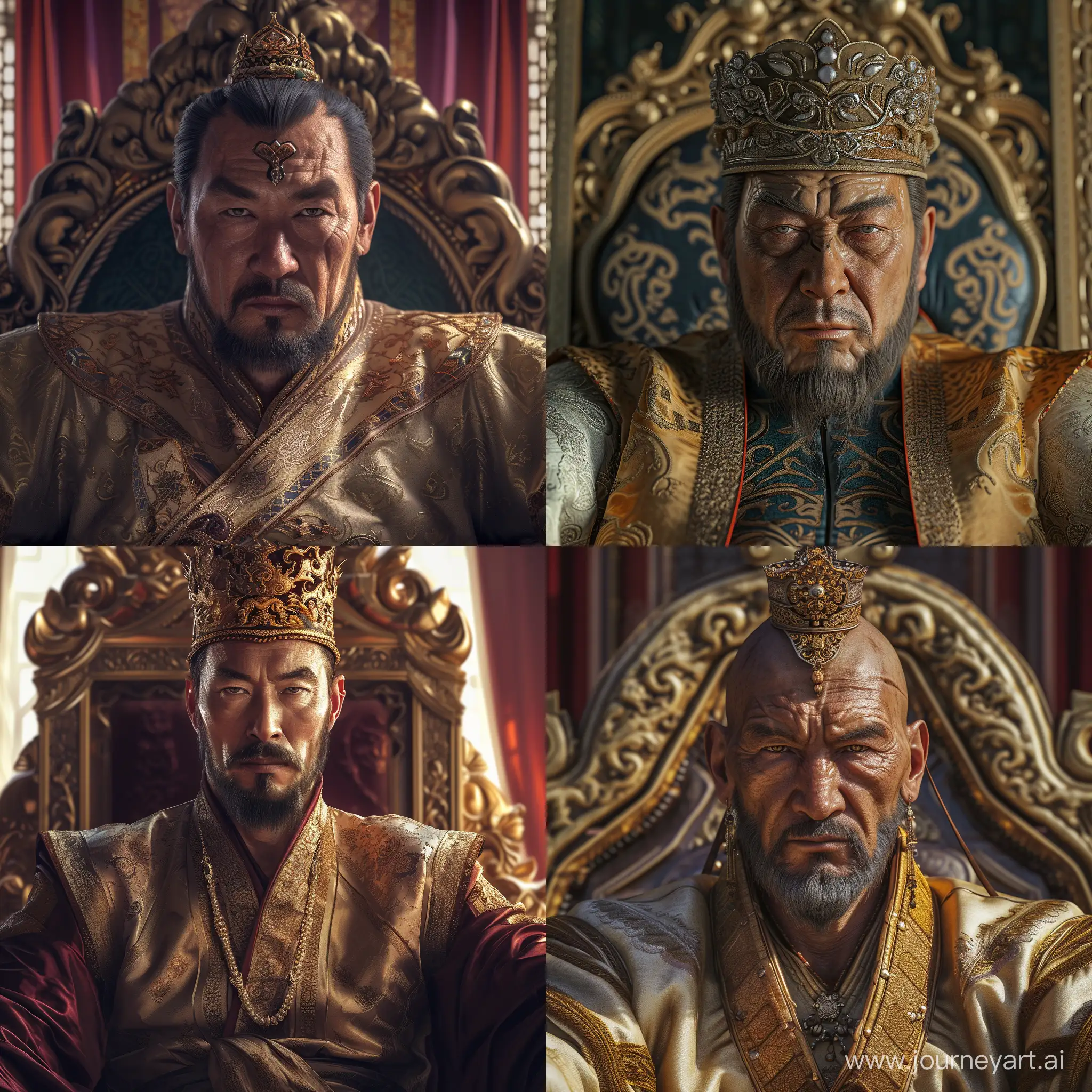 50 years old Turko-Mongol conqueror Tamerlane sitting on throne in palace. He has asian monolid eyes. He is wearing silk attire and Turkic khan crown. He seems proud and brave. Close up realistic image.