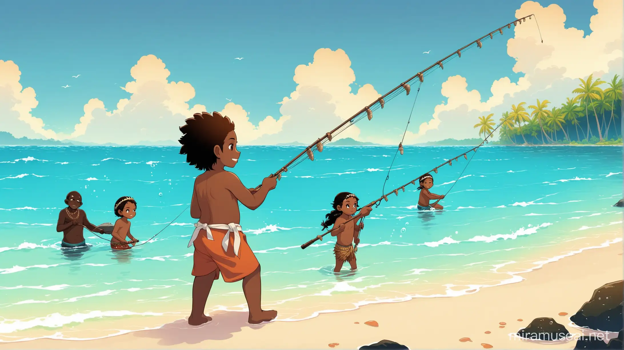 Personnes mélanésiennes de tout âge dans la mer, en train de pêcher, avec un style wakfu