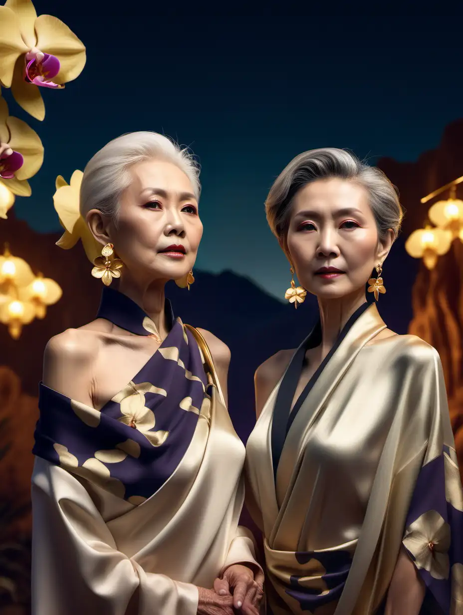 two senior chinese women models, standing, wide half-body portrait, wearing classy scarves and dresses and gold orchid earrings, luxury evening desert with orchids background, majestic night color palette, cinematic, soft light, photorealistic
