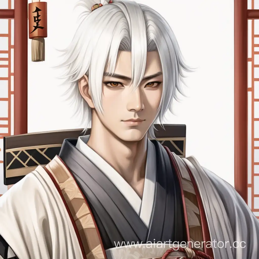 молодой красивый мужчина древний японский правитель с белыми короткими волосами 