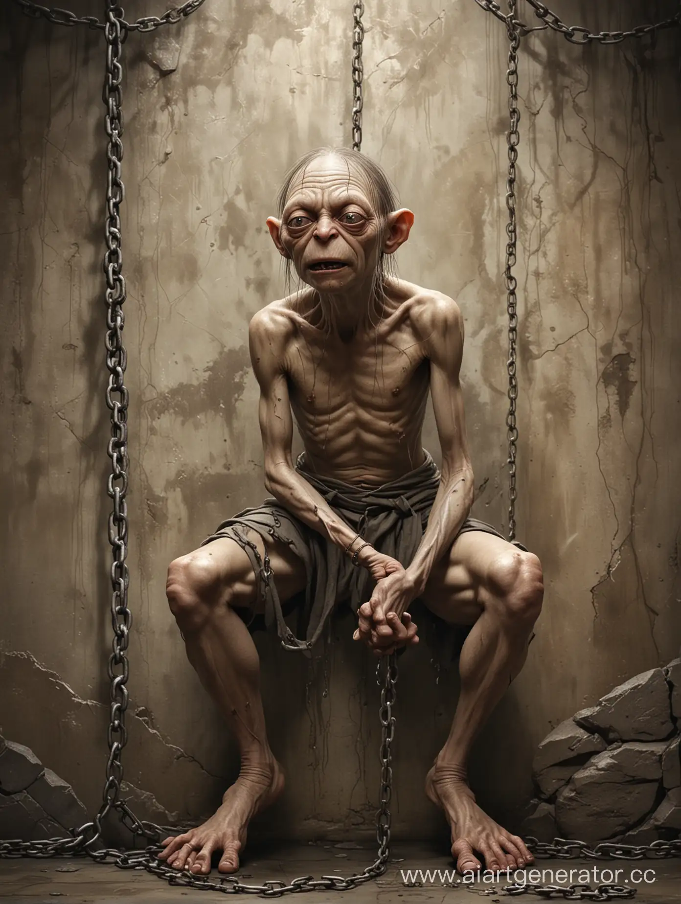 Fantasy-Mythology-Illustration-Chained-Prisoner-Resembling-Gollum-in-Dungeons-and-Dragons-Art