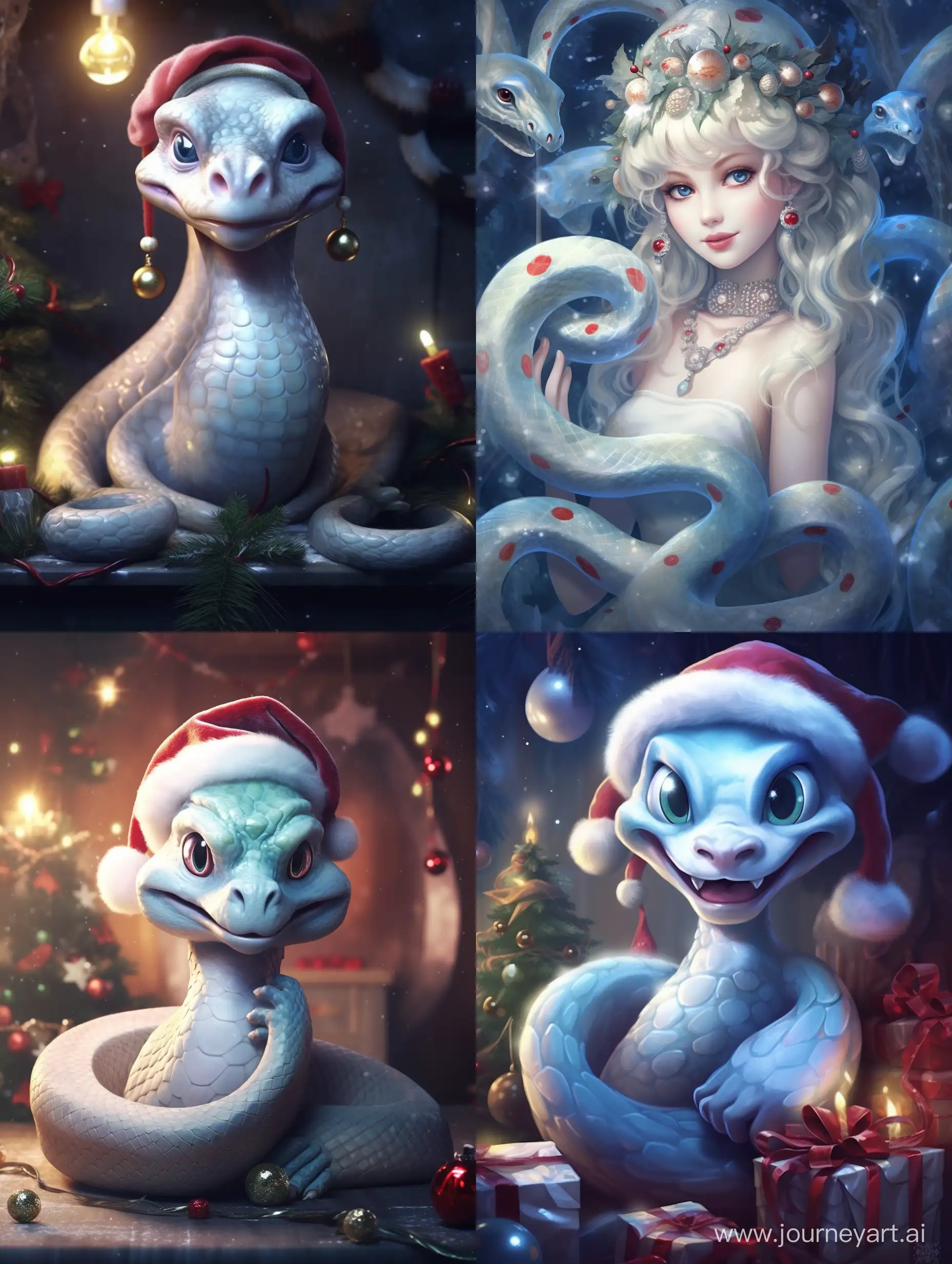 Очаровательный змея в стиле pixar, Disney в шапке Санта Клауса. Кругом ее новогодние подпрки. Вся картинка в бледных пастельных цветах
