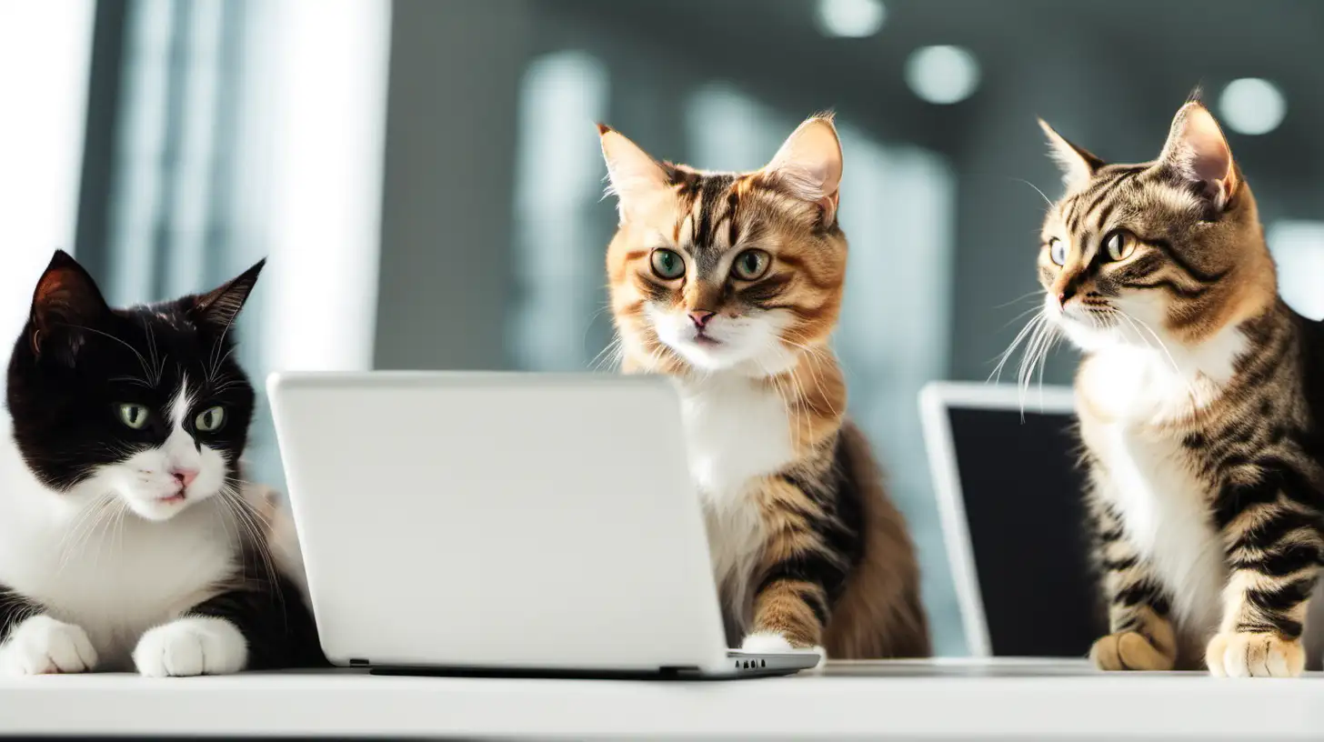 Three Adorable Cats Conducting Business on a Laptop in an Office Setting