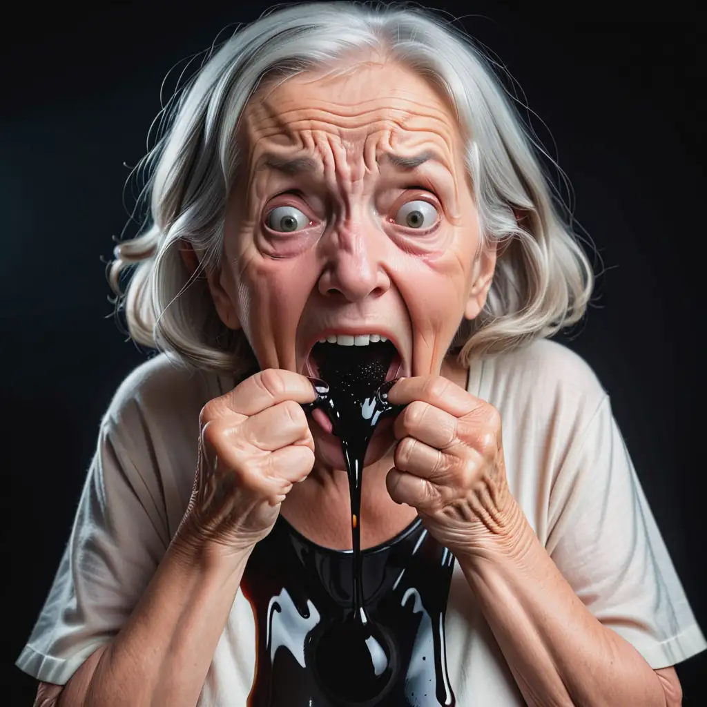 stara kobieta wymiotuje czarnym plynem, otwarte szeroko usta, przerażona