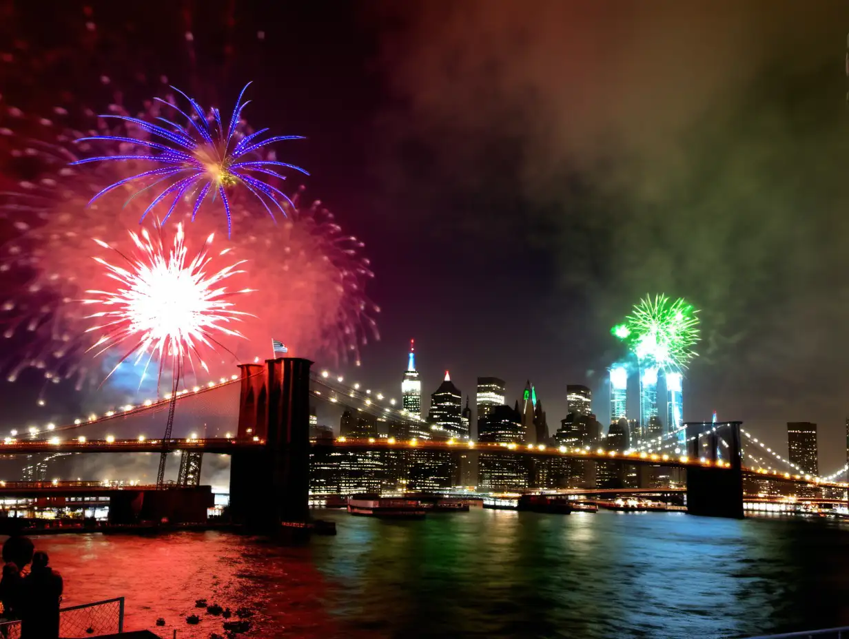  NYE red blue & green fireworks looking down at the Brooklyn Bridge