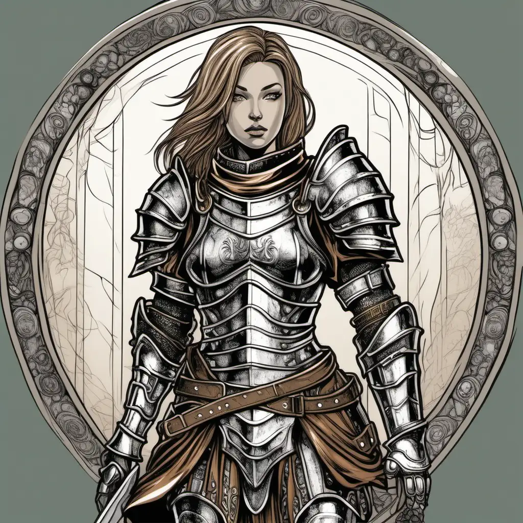 female in plate armor  in hand drawn fantasy style
