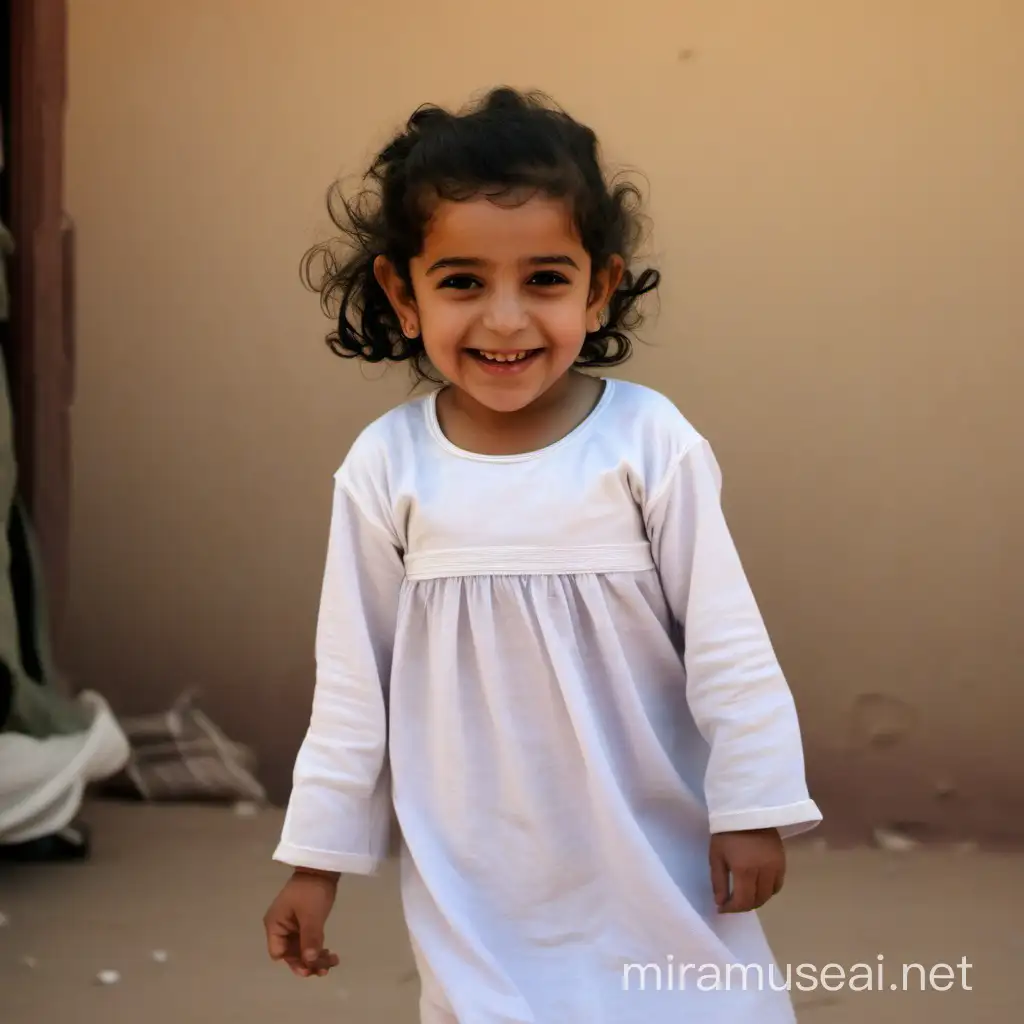 Happy three year old Egyptian child girl, smiling with hope, wearing clean clothes, the surrounding is her home