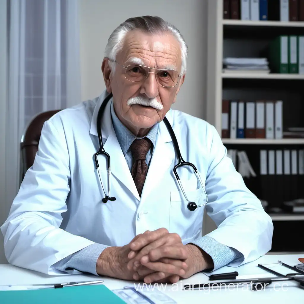 Дедушка доктор сидит за столом в своё кабинете и смотрит в камеру