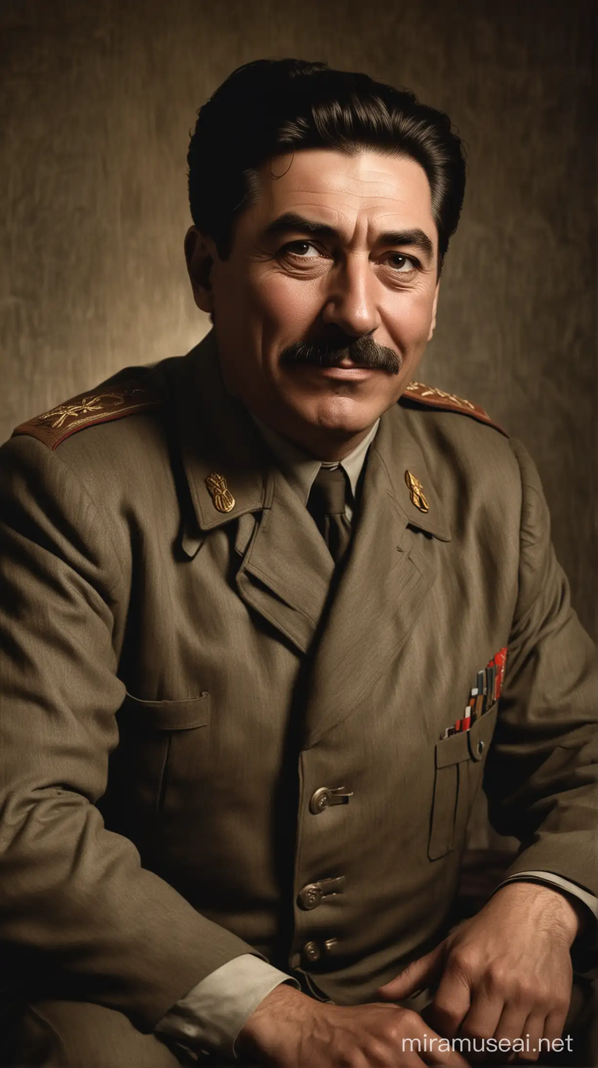 Create an image of Joseph Stalin sitting in a darkened room, watching a Charlie Chaplin movie with a big smile on his face. Hyper realistic