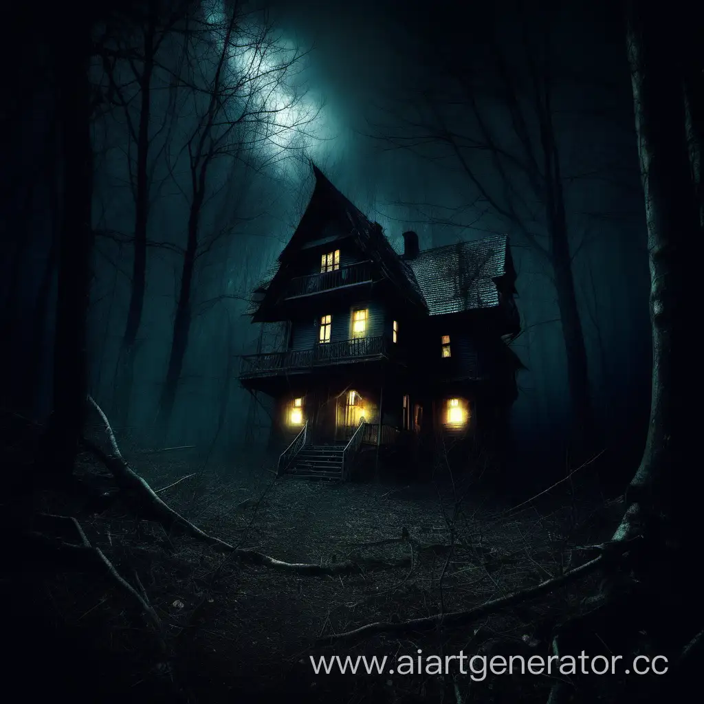 Dark forest, mysterious house, night, scary forest