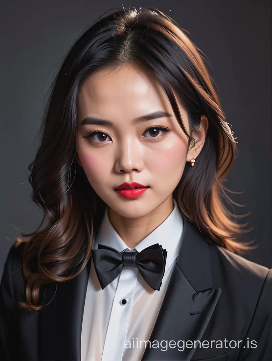 A stern Vietnamese woman with shoulder length hair and lipstick is wearing a tuxedo.  Her jacket is open.
